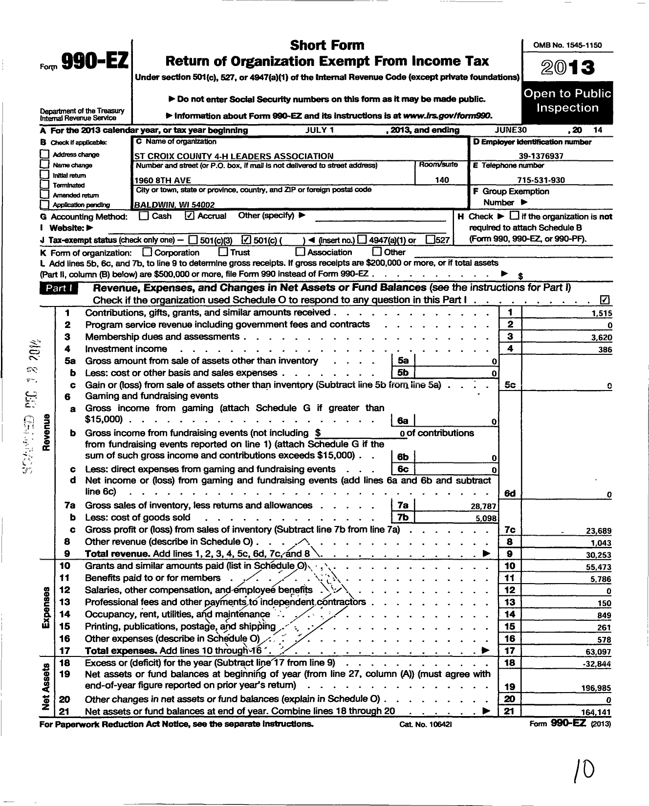 Image of first page of 2013 Form 990EO for BOARD OF REGENTS OF THE UNIVERSITY OF WISCONSIN SYSTEM / St Croix Co 4-H Leaders Association