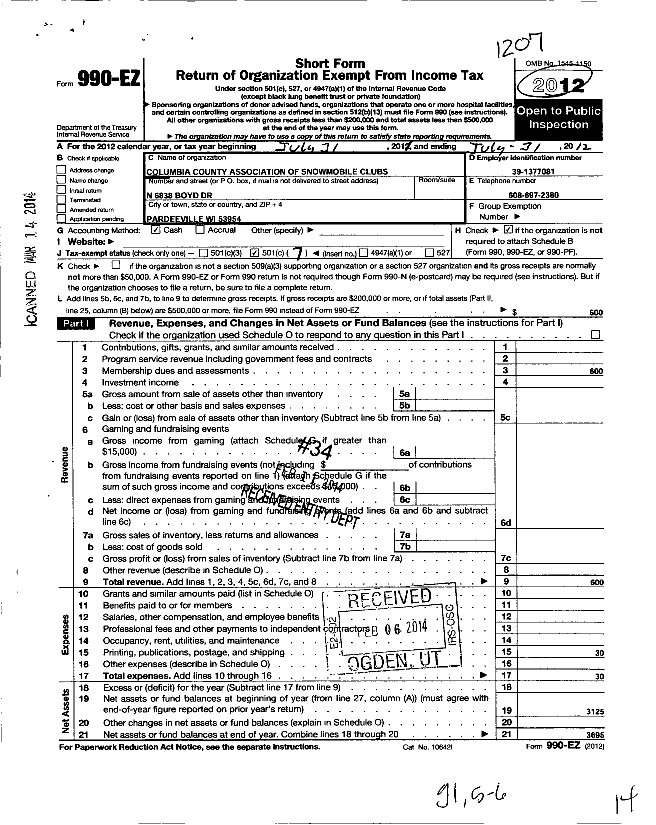 Image of first page of 2011 Form 990EO for Columbia County Association of Snowmobile Clubs