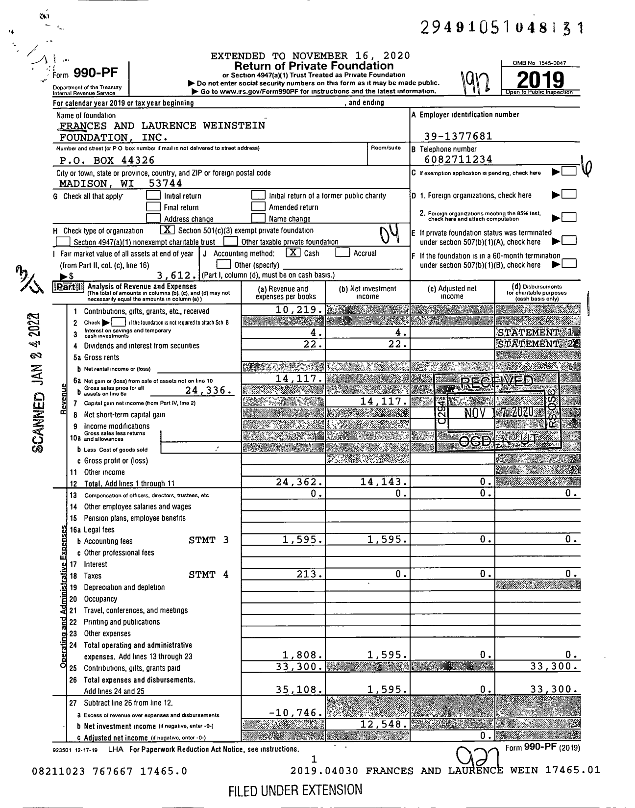 Image of first page of 2019 Form 990PF for Frances and Laurence Weinstein Foundation