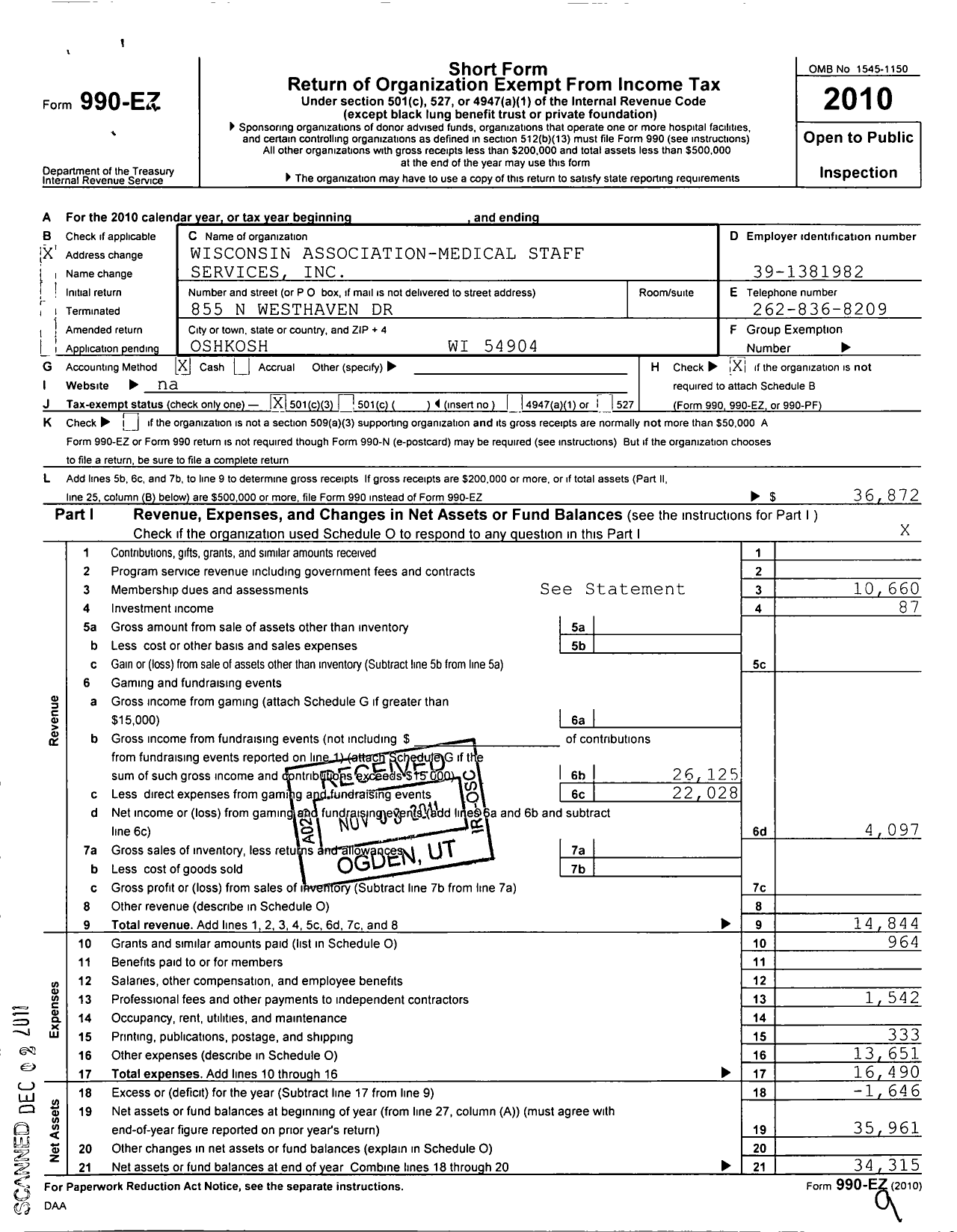 Image of first page of 2010 Form 990EZ for Wisconsin Association-Medical Staff Services