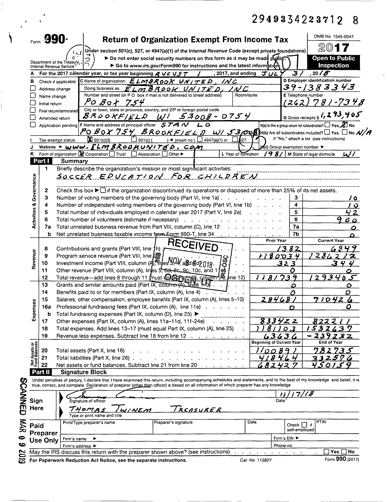 Image of first page of 2017 Form 990 for Elmbrook United