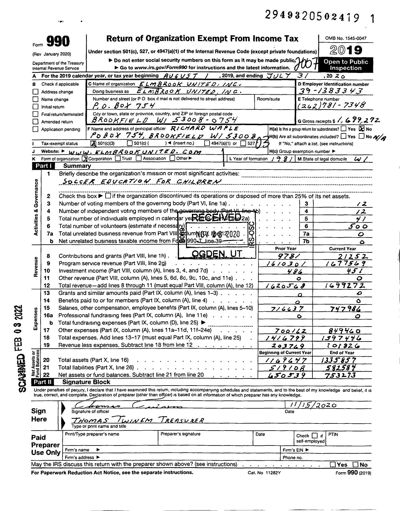 Image of first page of 2019 Form 990 for Elmbrook United
