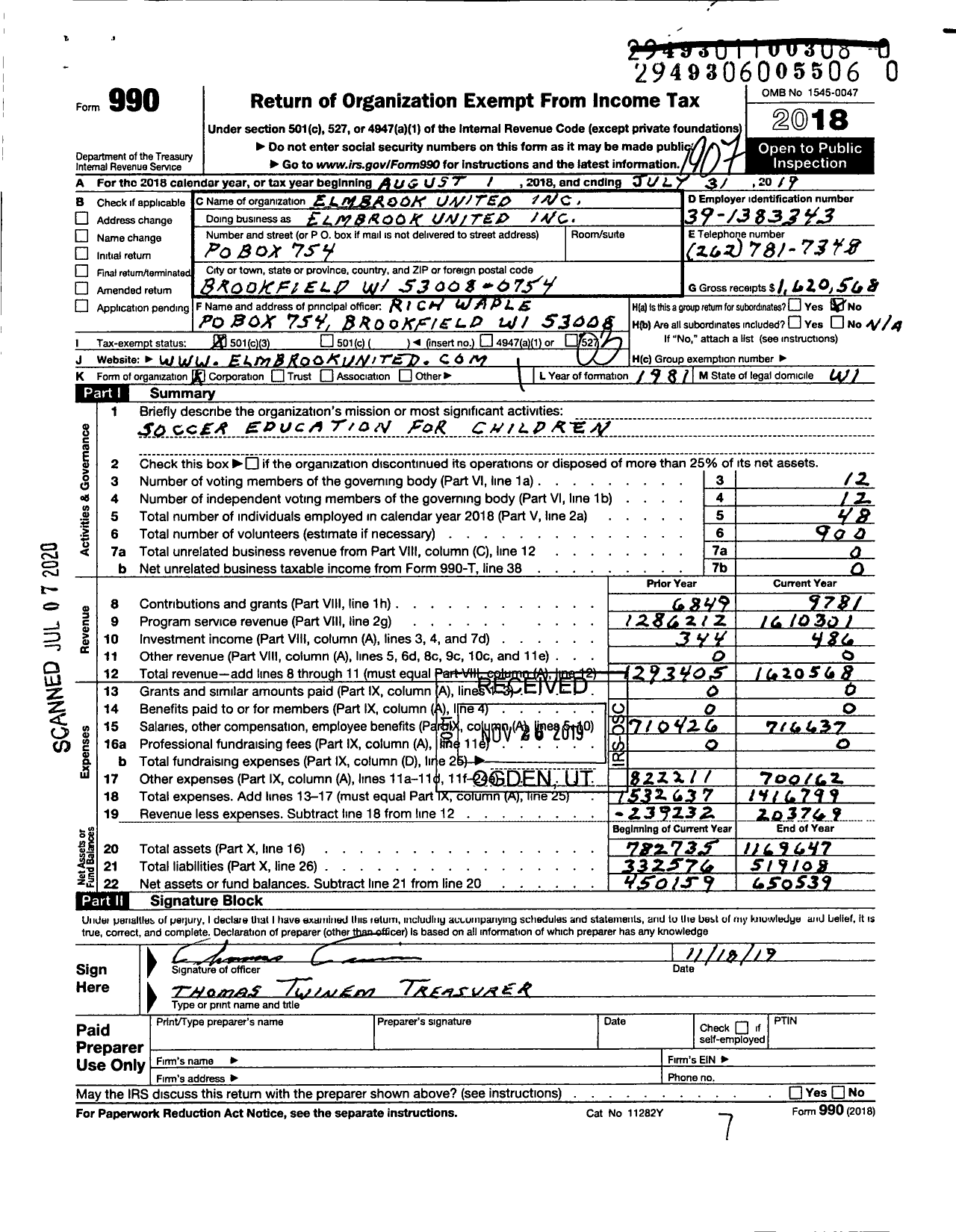 Image of first page of 2018 Form 990 for Elmbrook United