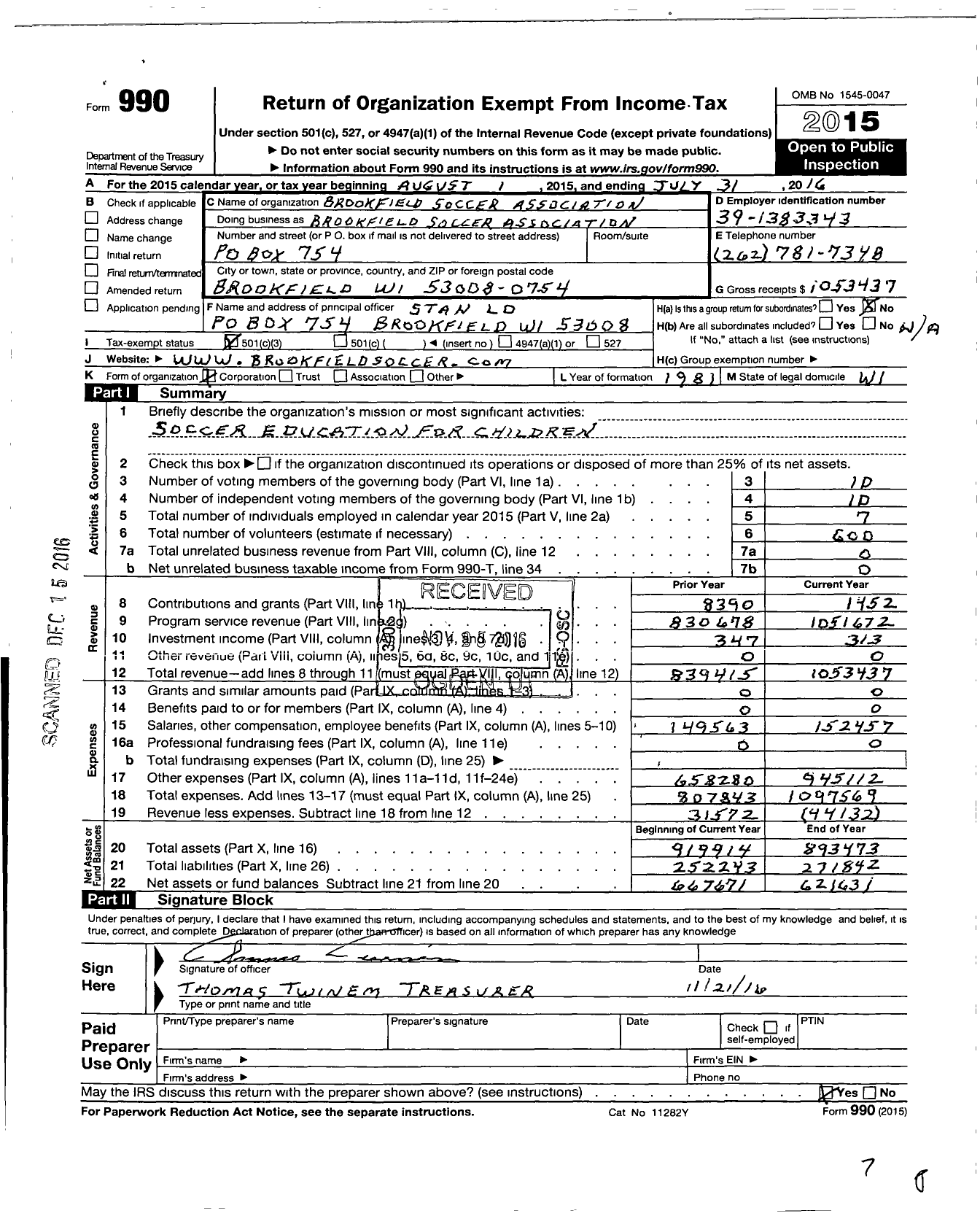 Image of first page of 2015 Form 990 for Elmbrook United