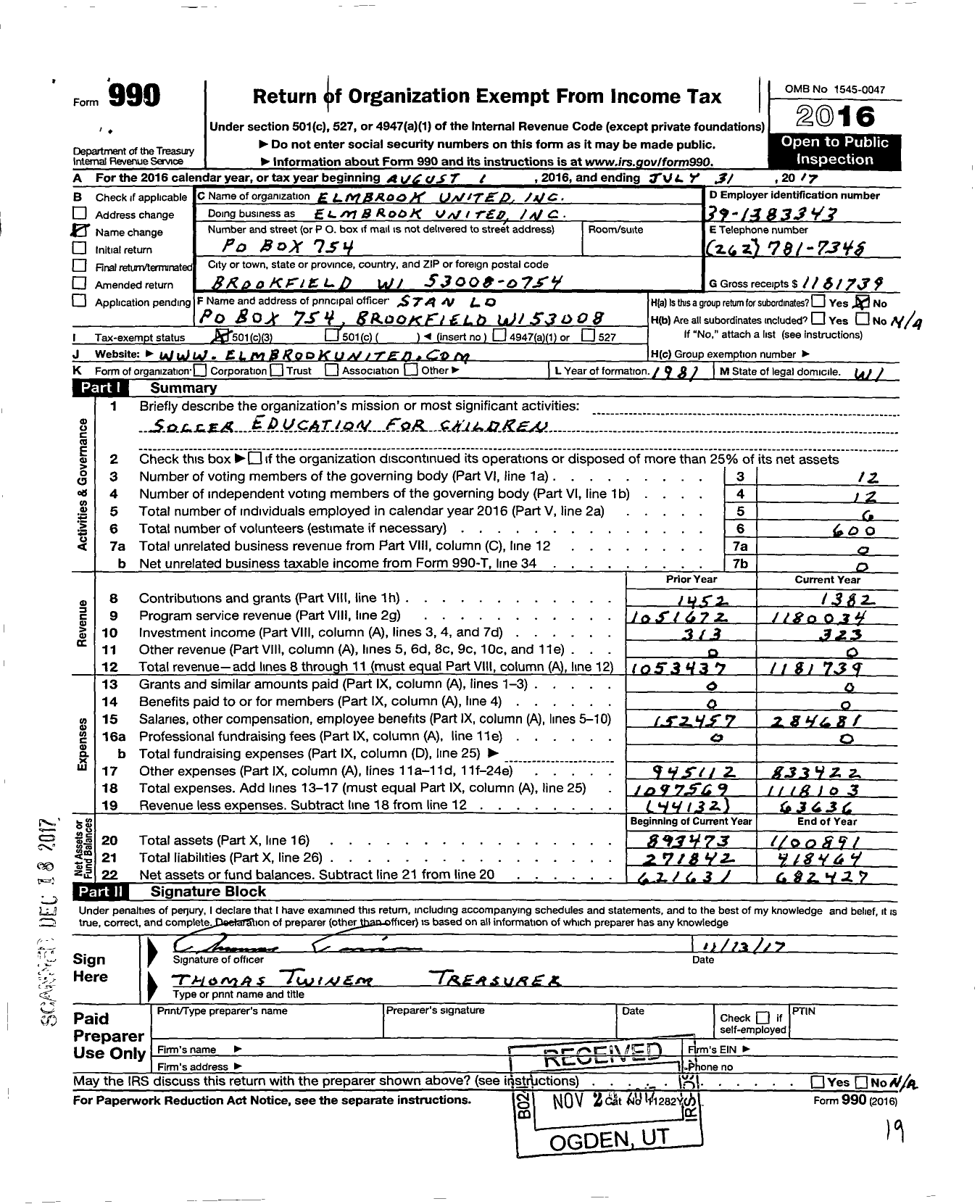 Image of first page of 2016 Form 990 for Elmbrook United