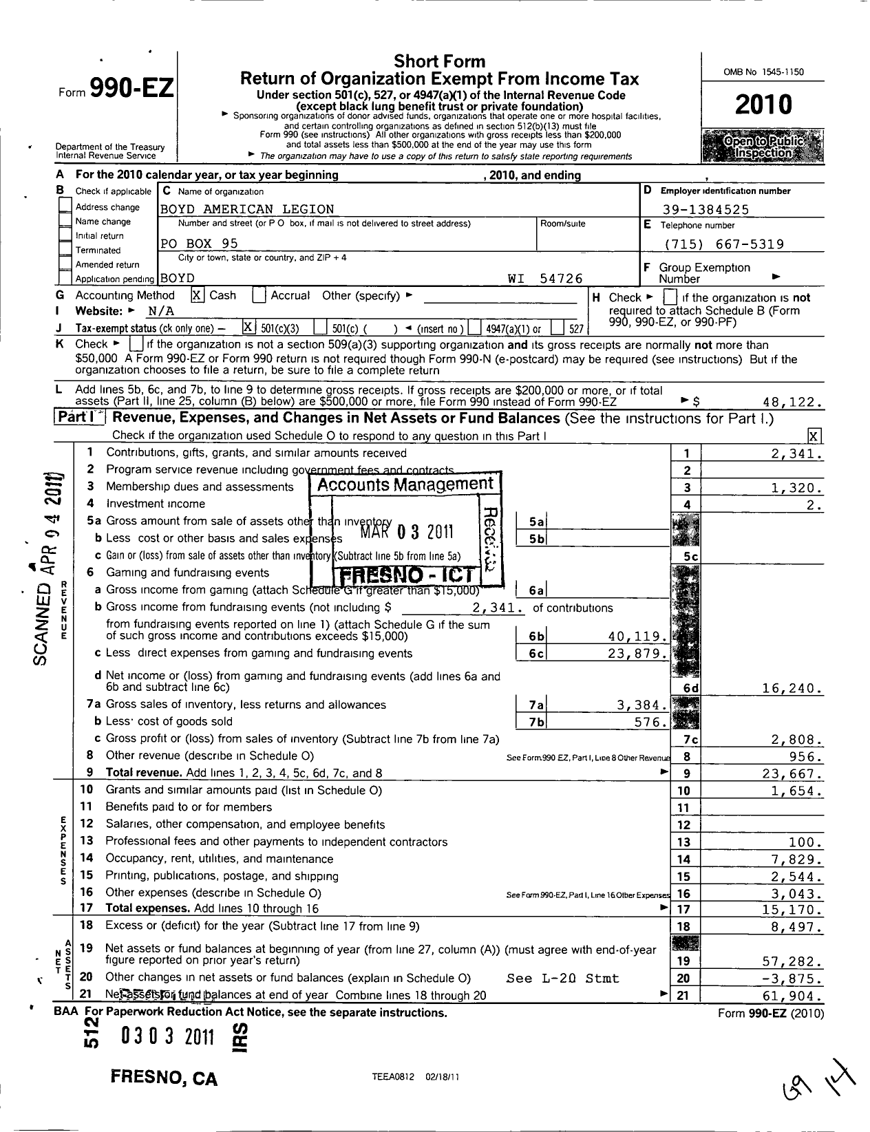 Image of first page of 2010 Form 990EZ for American Legion - 0326 Walter Nelson