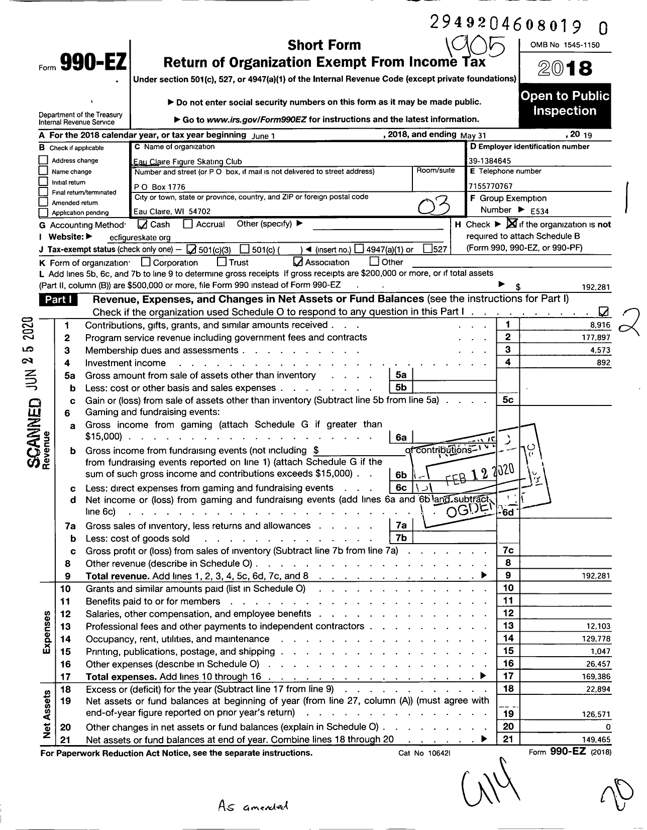 Image of first page of 2018 Form 990EZ for Eau Claire Figure Skating Club