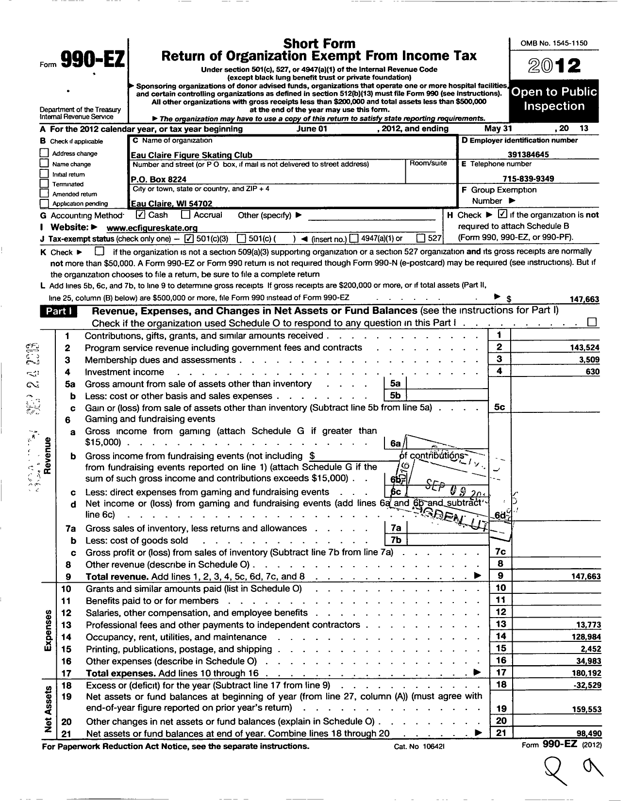 Image of first page of 2012 Form 990EZ for Eau Claire Figure Skating Club