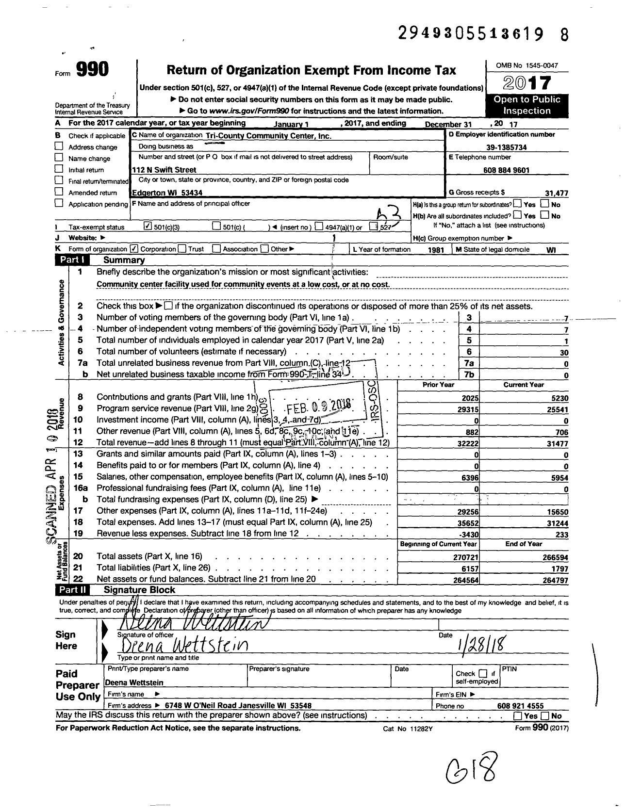 Image of first page of 2017 Form 990 for Tri-County Community Center