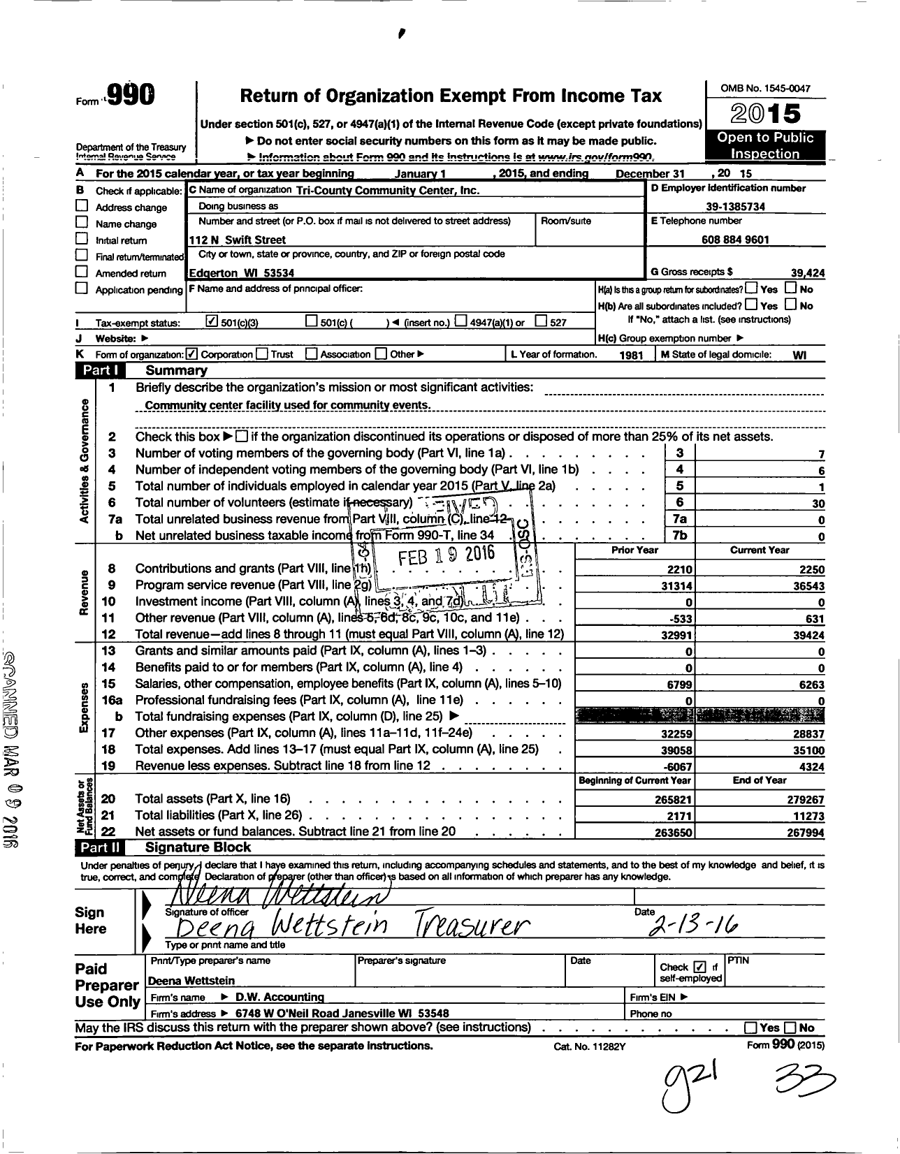 Image of first page of 2015 Form 990 for Tri-County Community Center