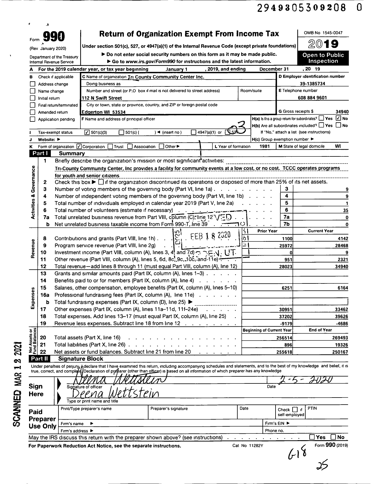 Image of first page of 2019 Form 990 for Tri-County Community Center