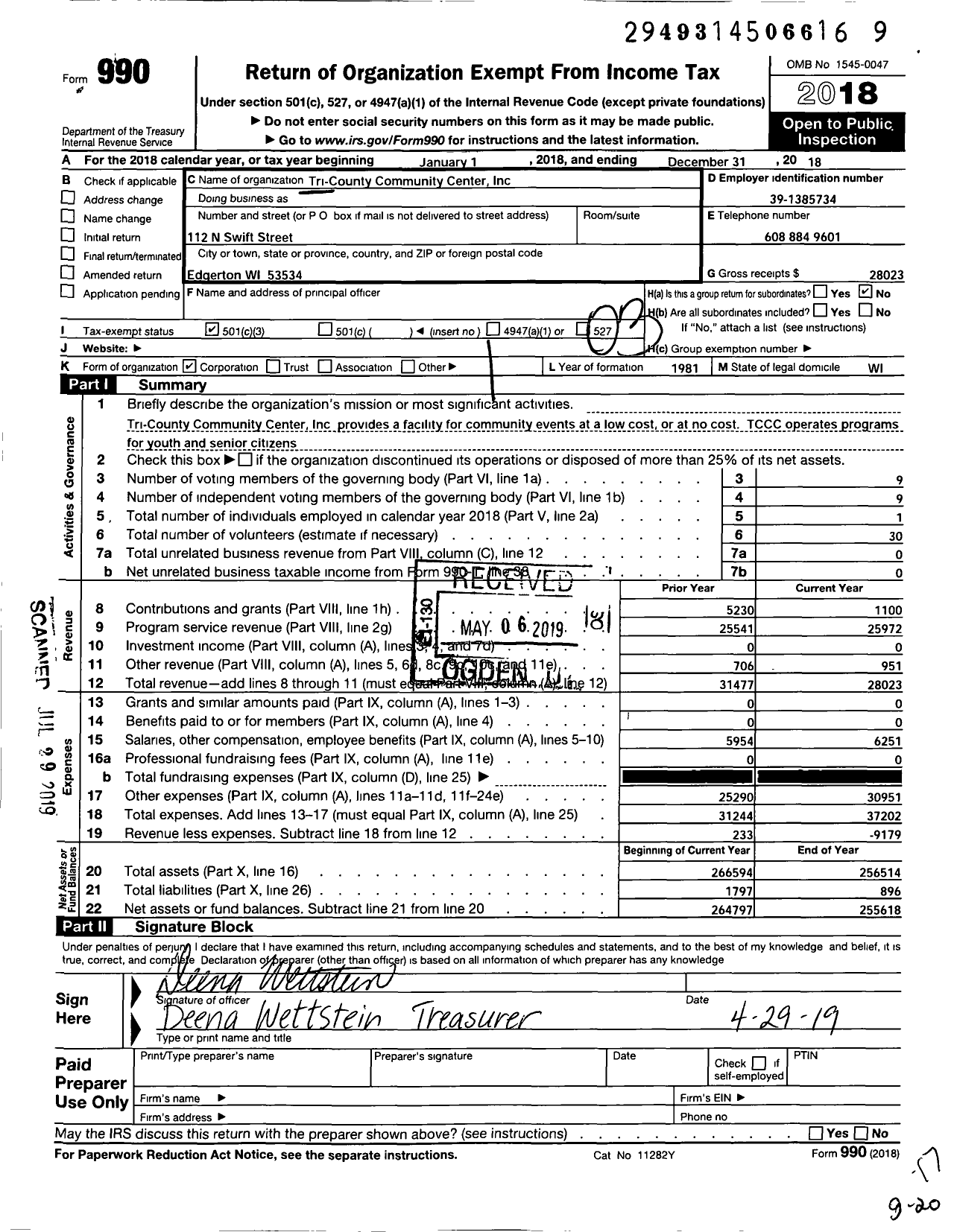 Image of first page of 2018 Form 990 for Tri-County Community Center