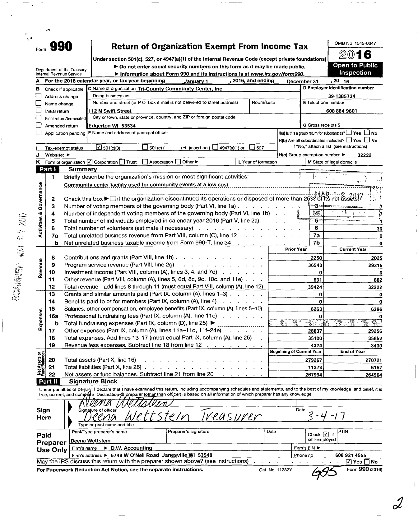 Image of first page of 2016 Form 990 for Tri-County Community Center