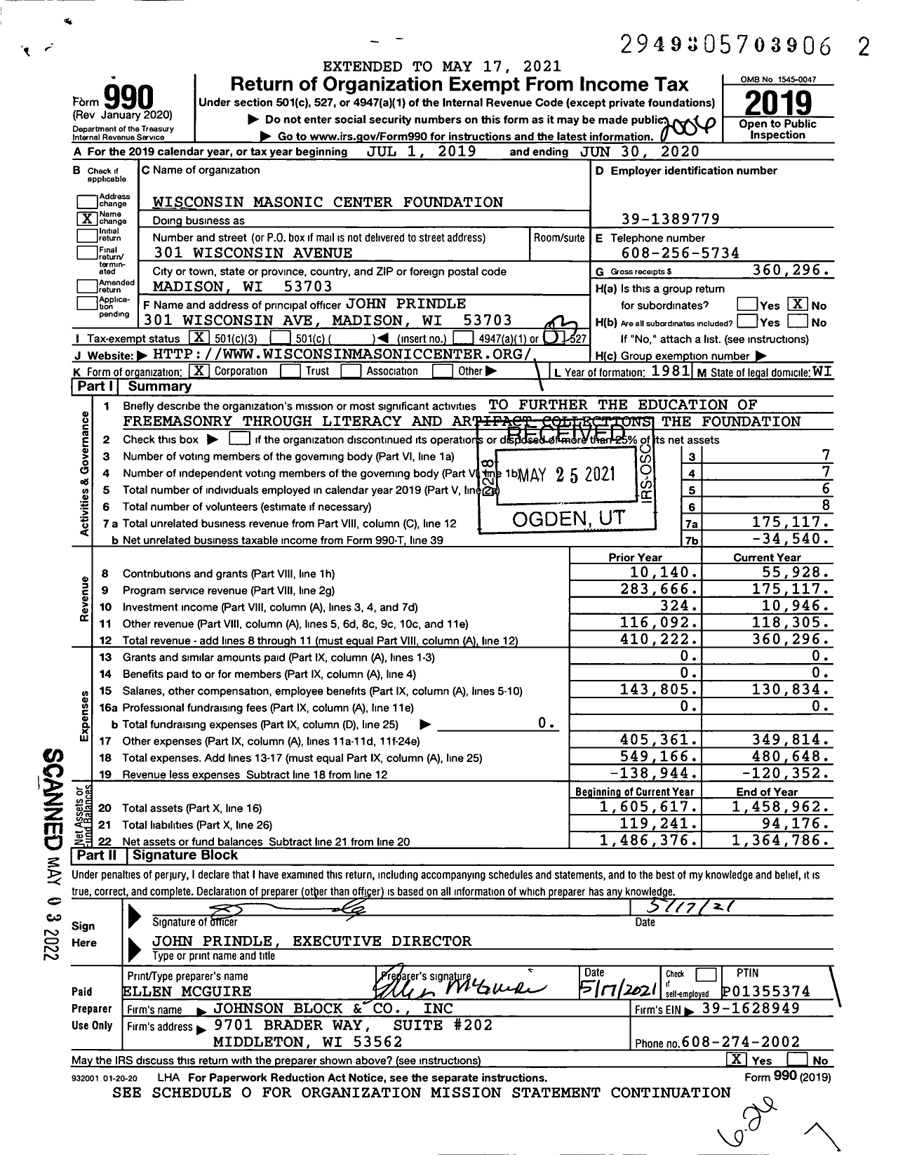 Image of first page of 2019 Form 990 for Wisconsin Masonic Center Foundation