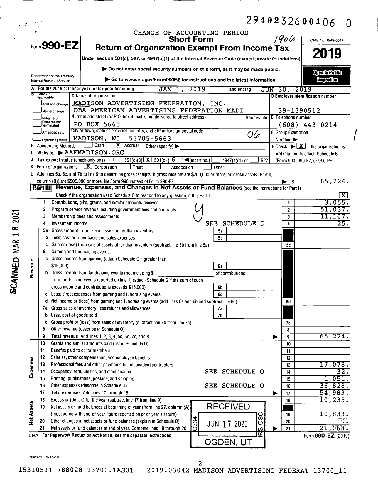 Image of first page of 2018 Form 990EO for American Advertising Federation MADISON