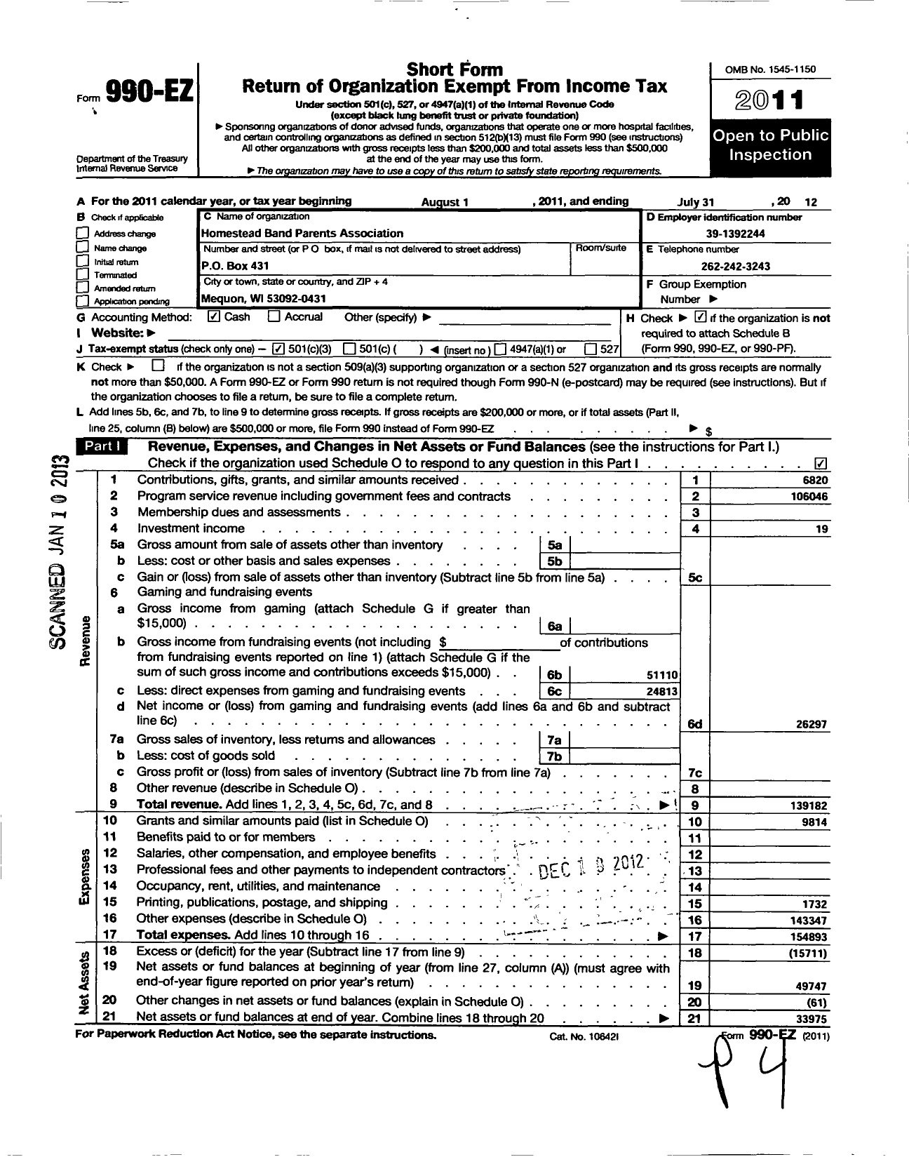 Image of first page of 2011 Form 990EZ for Homestead Band Parents Association