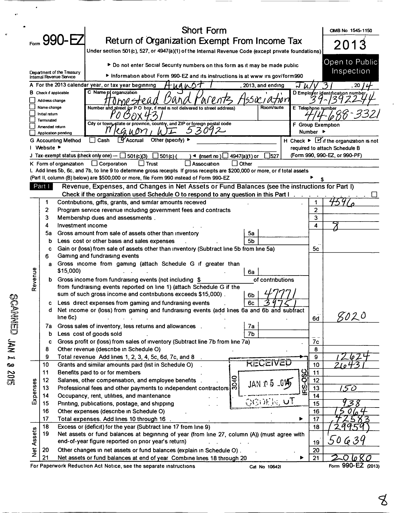 Image of first page of 2013 Form 990EO for Homestead Band Parents Association