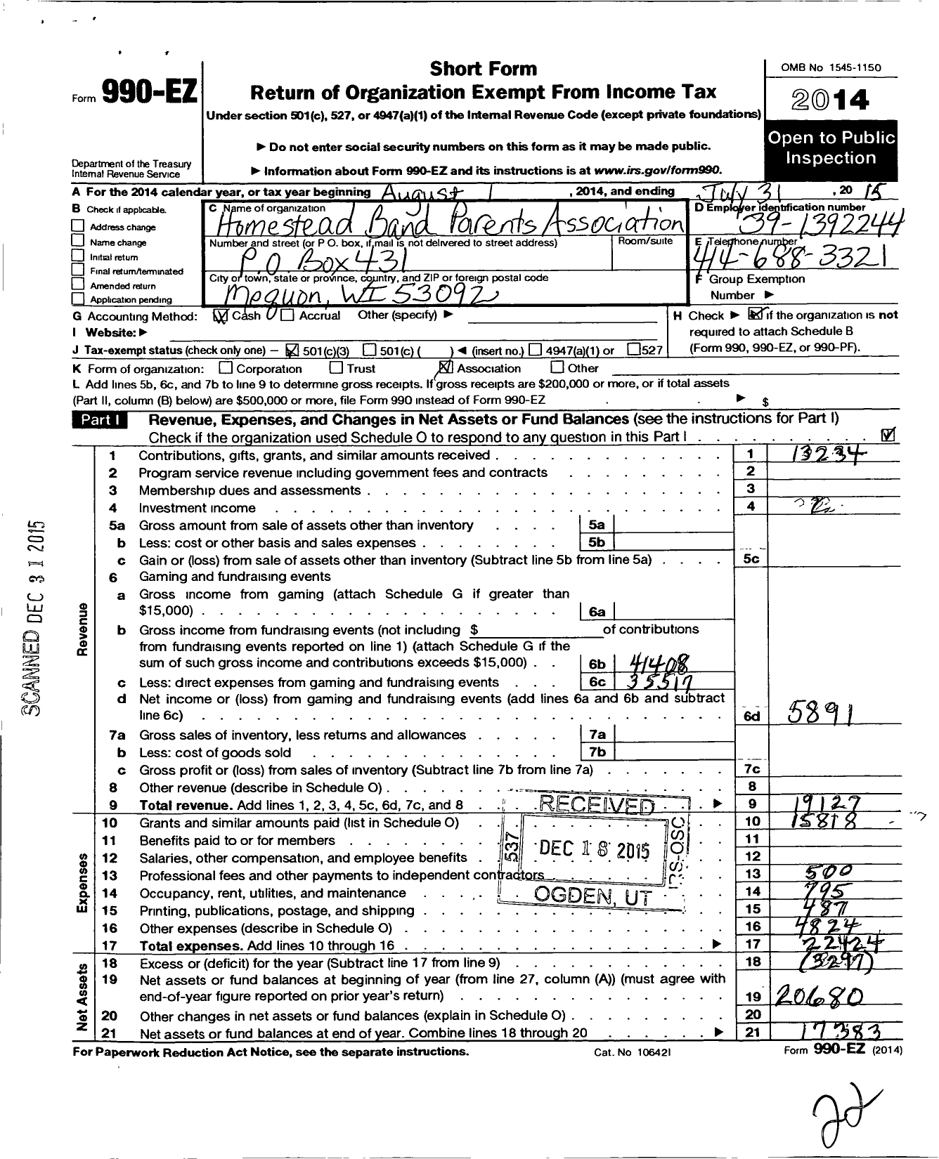 Image of first page of 2014 Form 990EZ for Homestead Band Parents Association