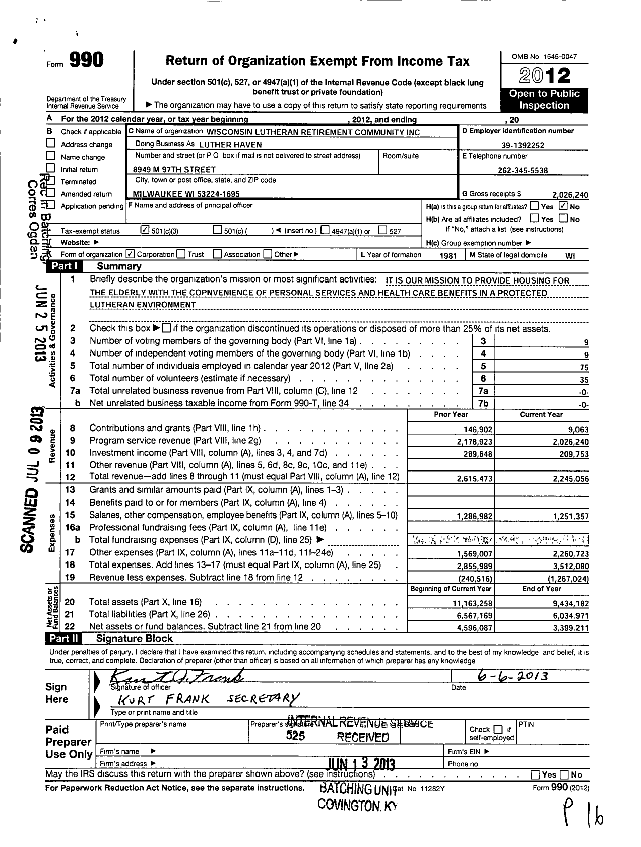 Image of first page of 2012 Form 990 for Wisconsin Lutheran Retirement Community