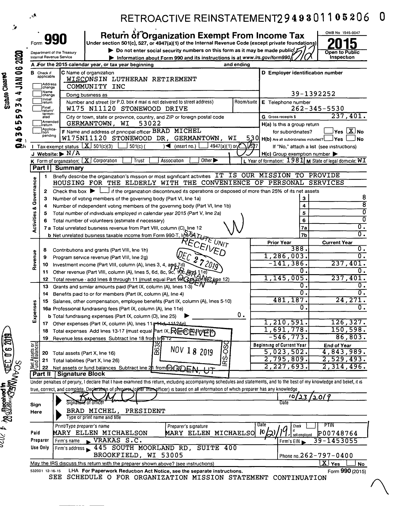 Image of first page of 2015 Form 990 for Wisconsin Lutheran Retirement Community