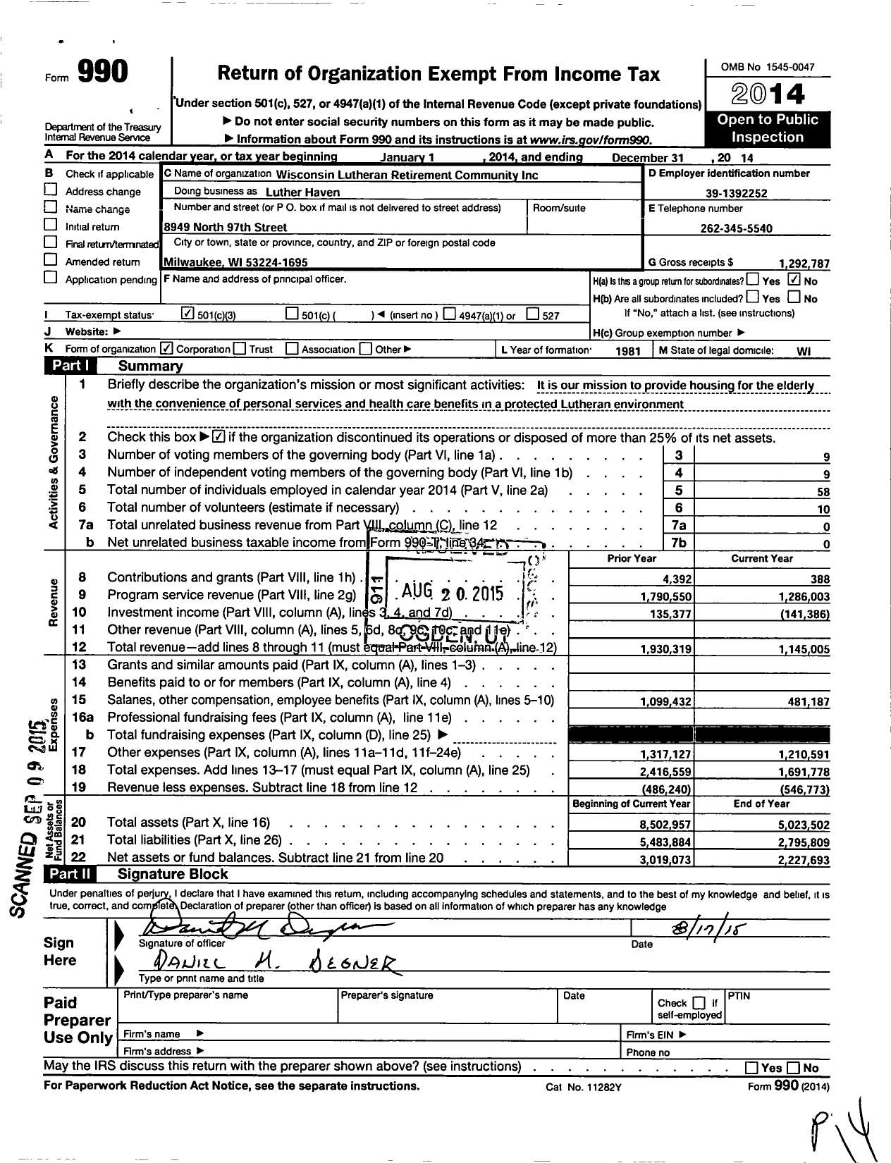 Image of first page of 2014 Form 990 for Wisconsin Lutheran Retirement Community