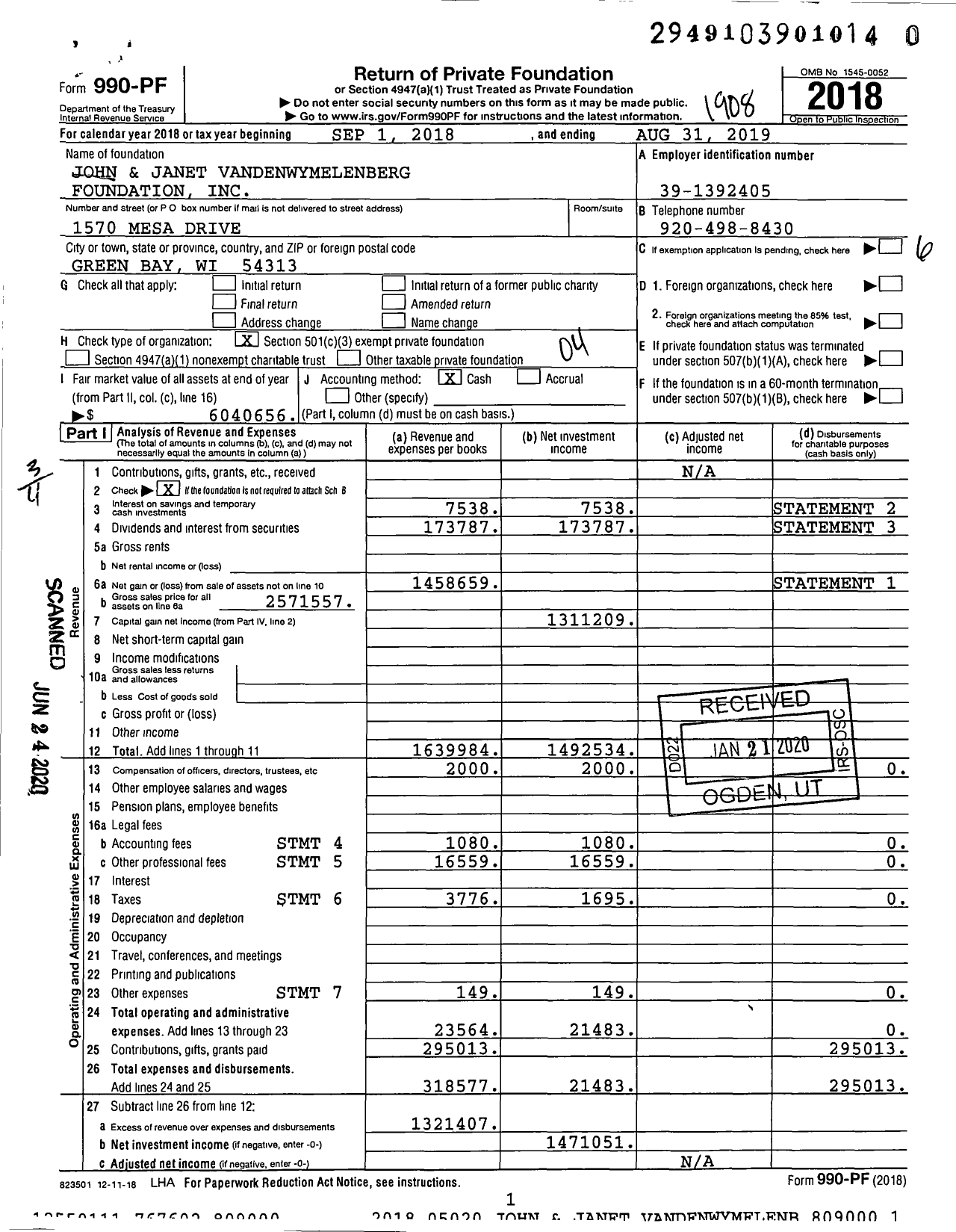 Image of first page of 2018 Form 990PR for John Vandenwymelenberg Foundation