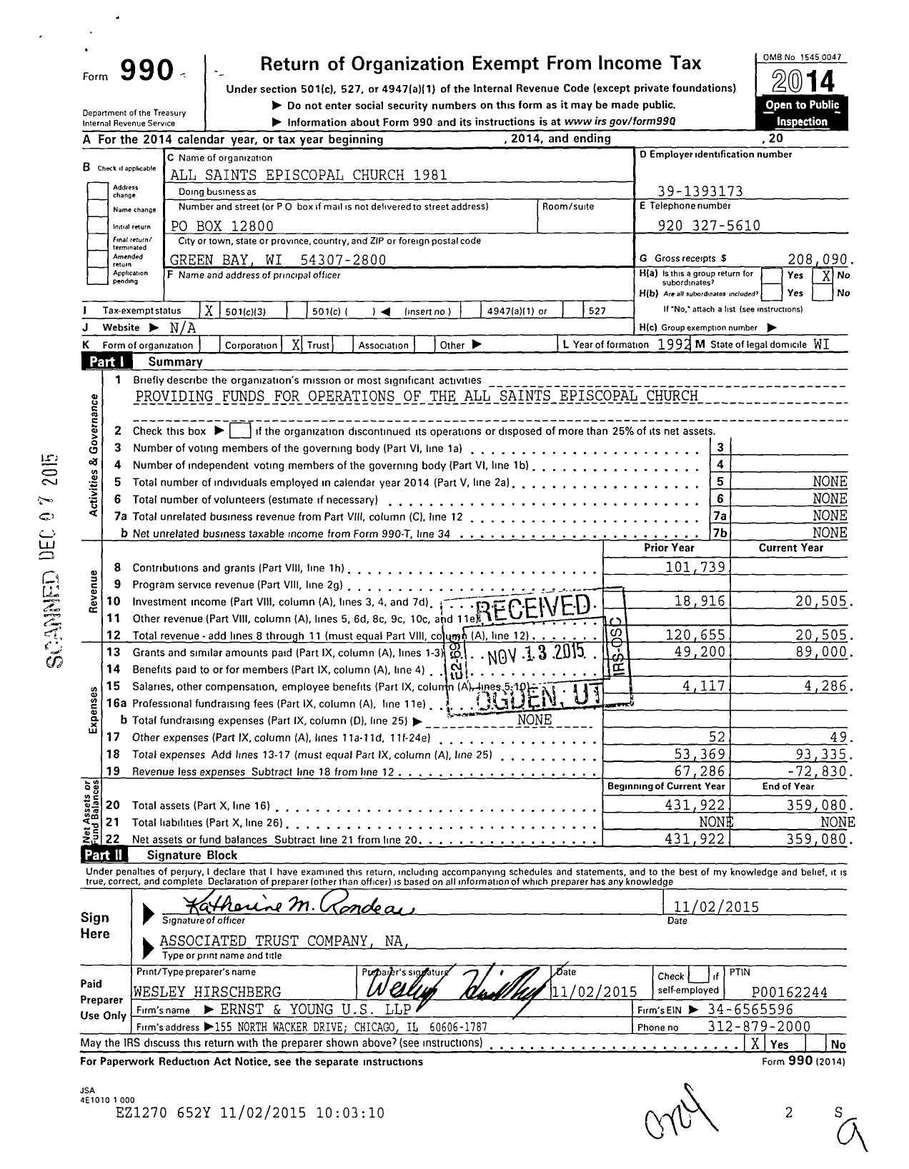 Image of first page of 2014 Form 990 for All Saints Episcopal Church 1981