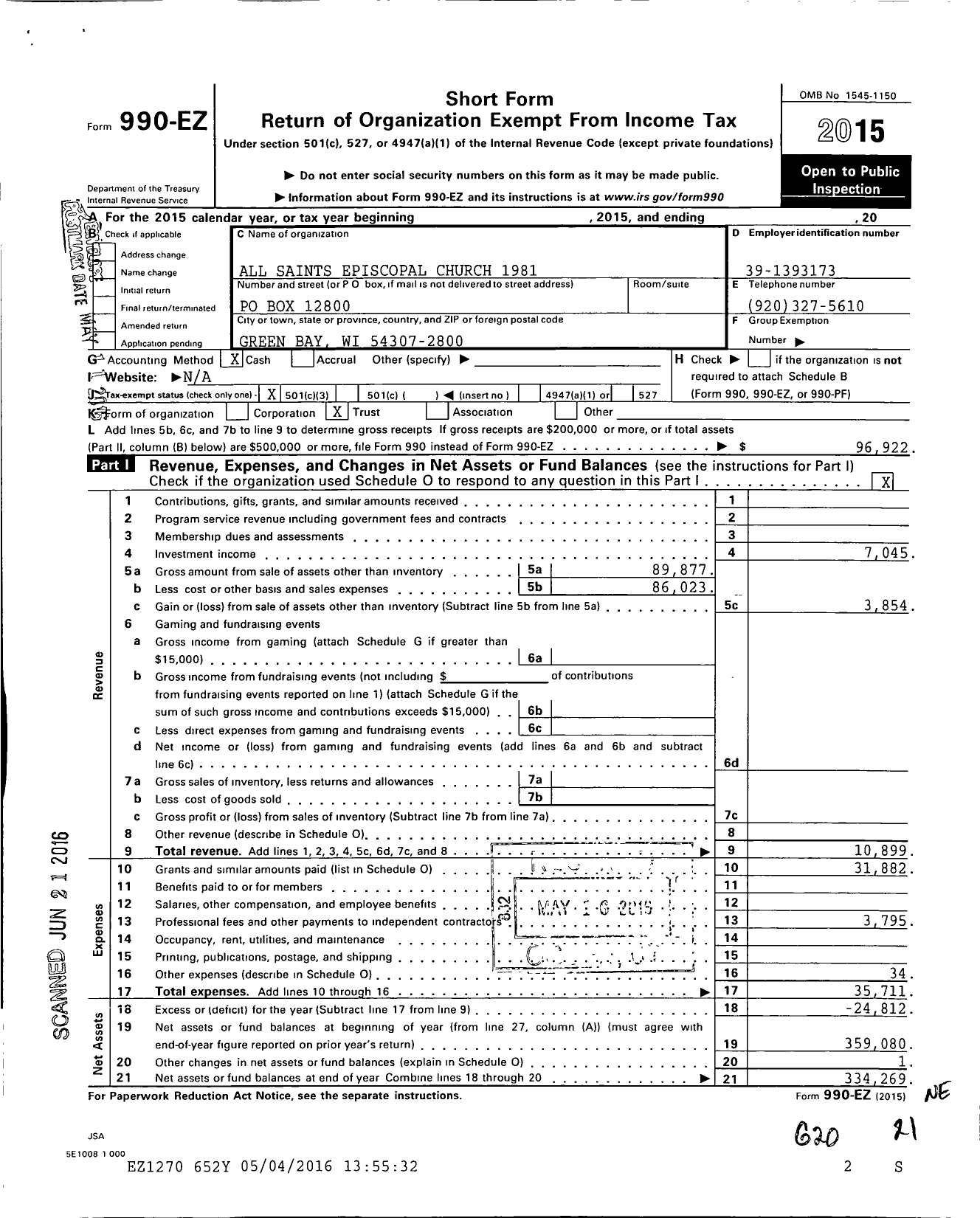 Image of first page of 2015 Form 990EZ for All Saints Episcopal Church 1981