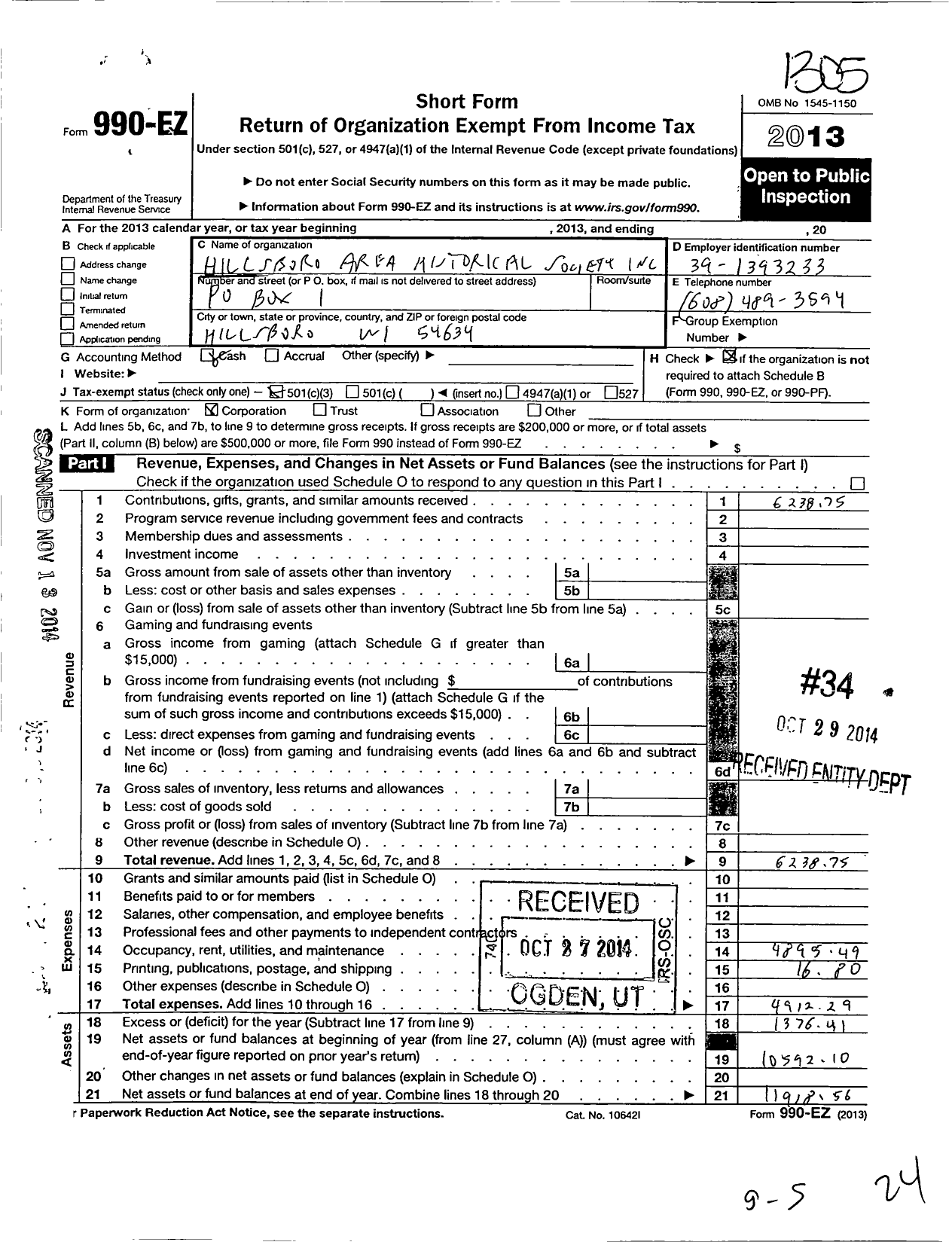 Image of first page of 2012 Form 990EZ for Hillsboro Area Historial Society