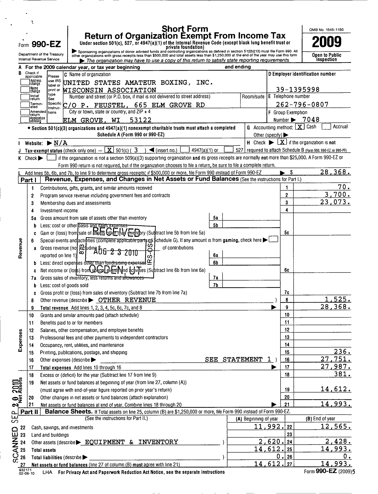 Image of first page of 2009 Form 990EZ for United States Amateur Boxing / Wisconsin Association