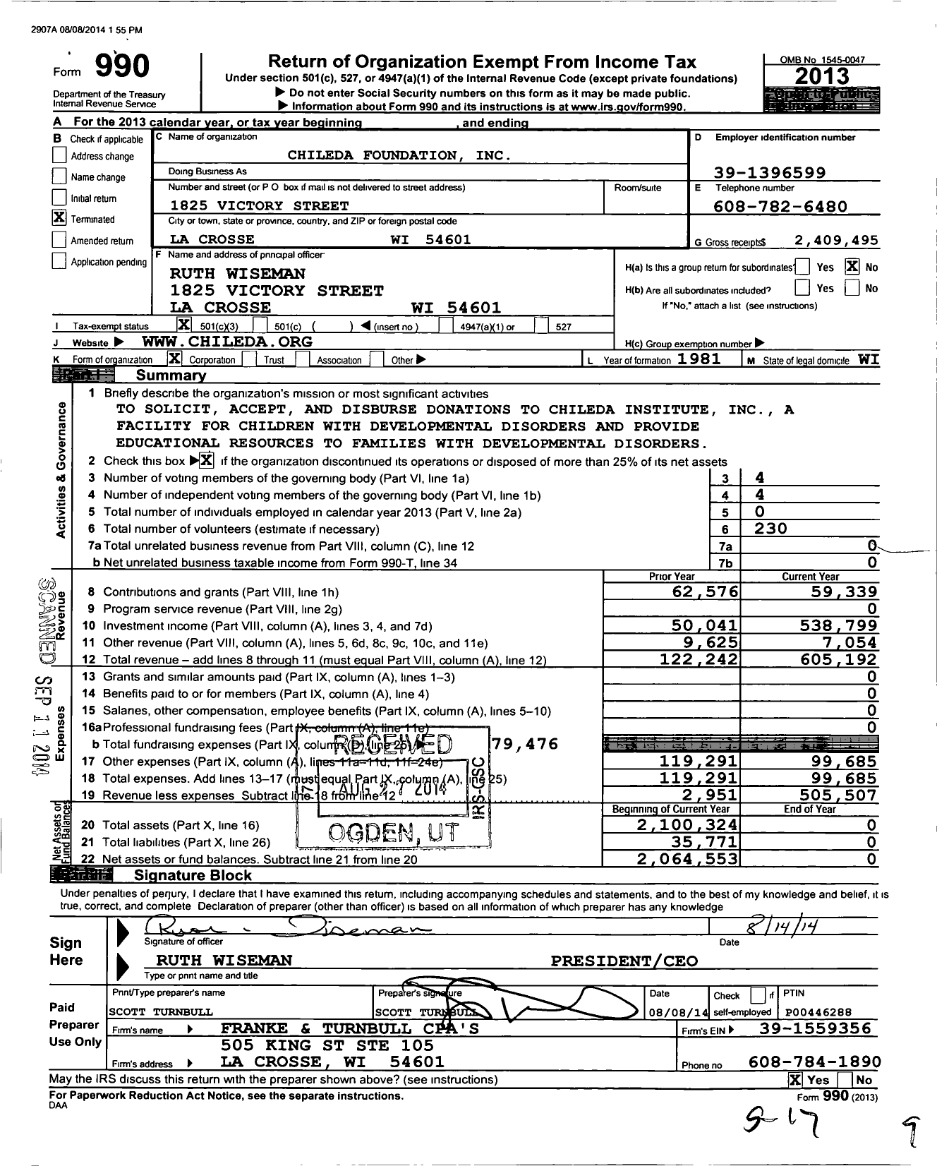 Image of first page of 2013 Form 990 for Chileda Foundation