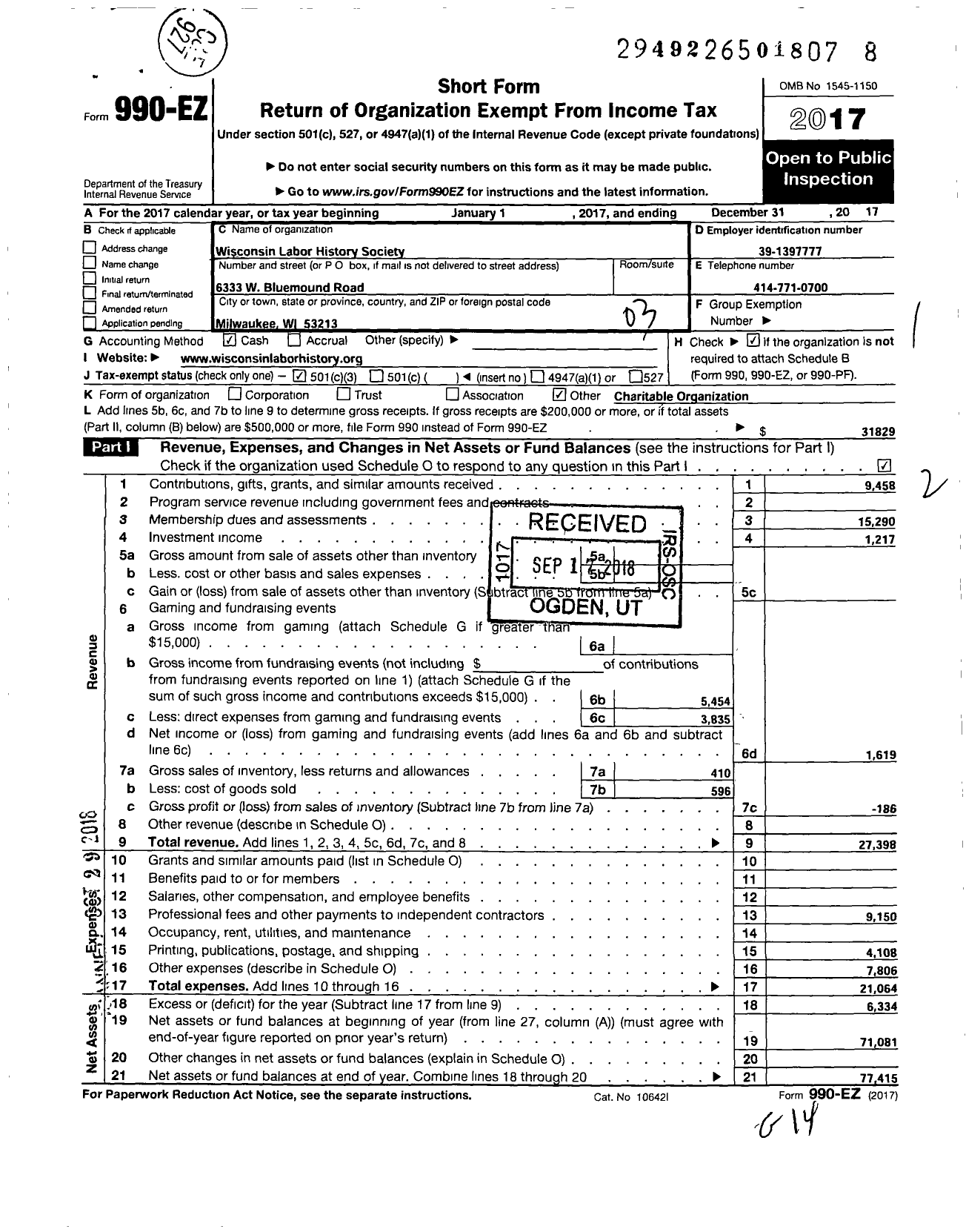 Image of first page of 2017 Form 990EZ for Wisconsin Labor History Society