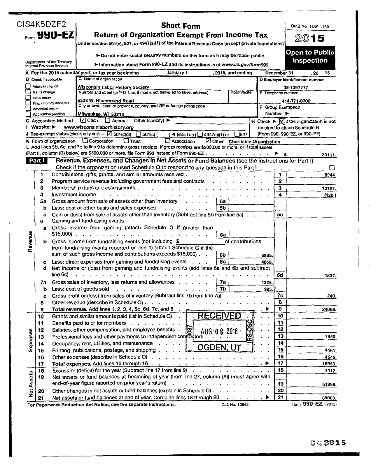 Image of first page of 2015 Form 990ER for Wisconsin Labor History Society