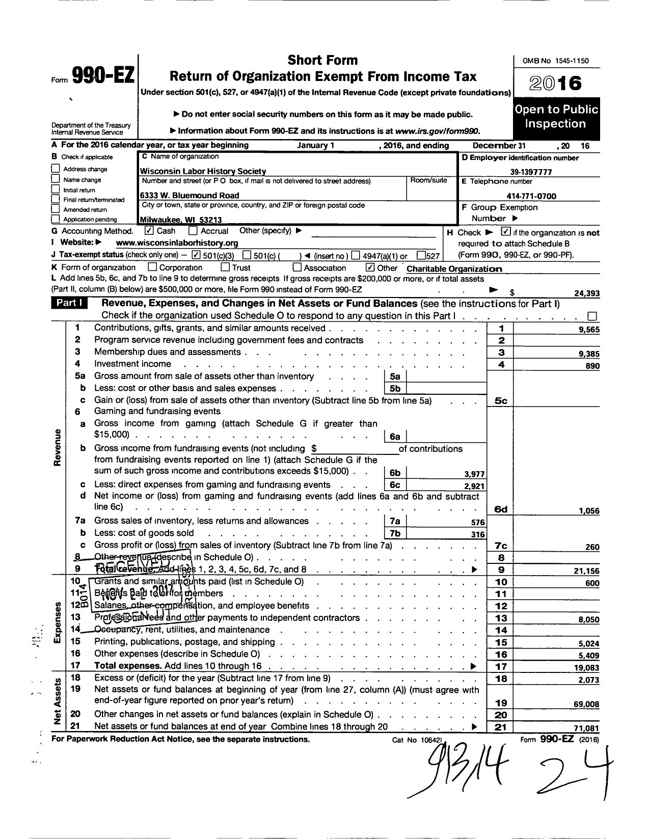 Image of first page of 2016 Form 990EZ for Wisconsin Labor History Society