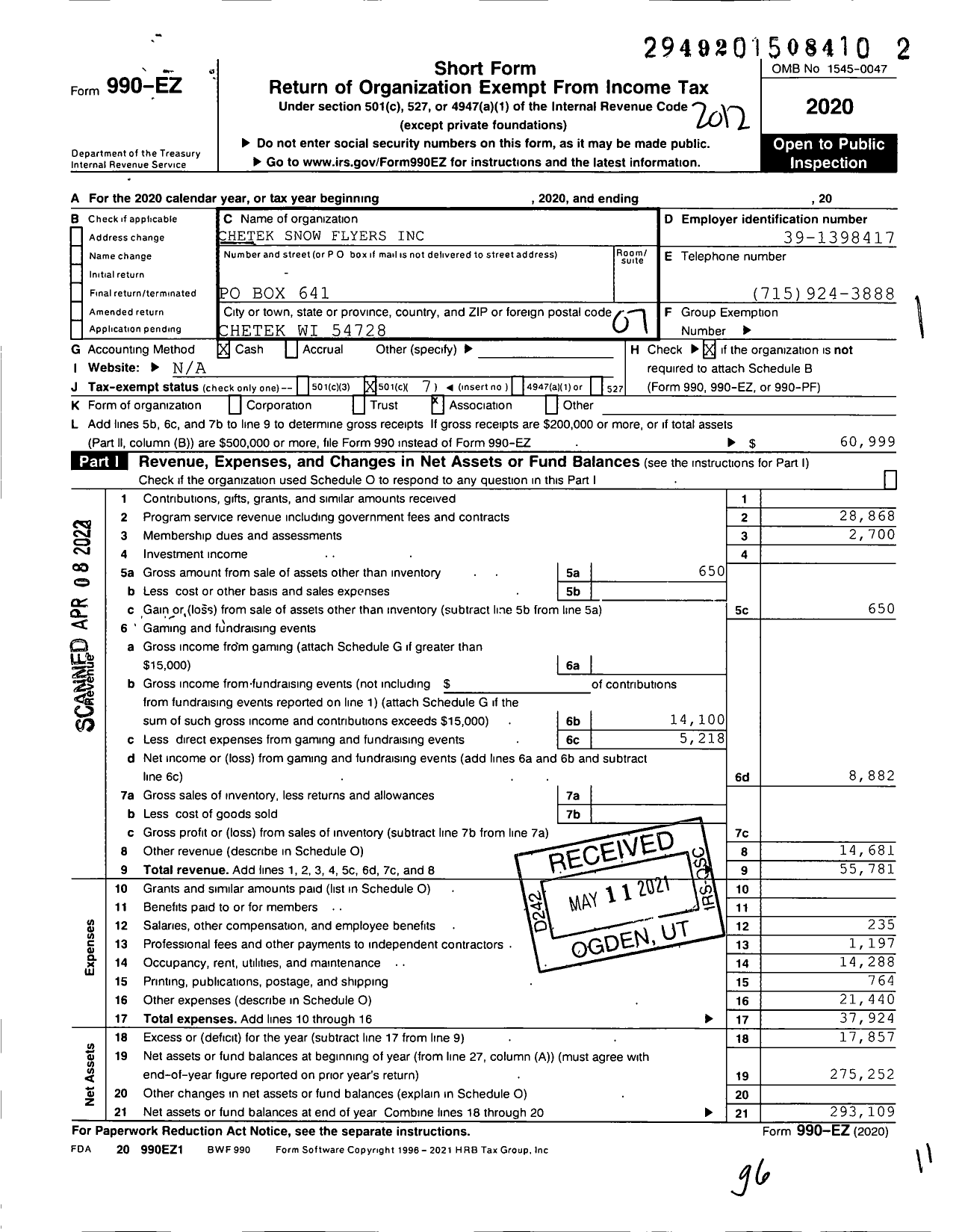 Image of first page of 2020 Form 990EO for Chetek Snow Flyers