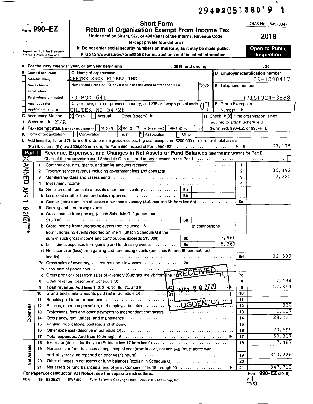 Image of first page of 2019 Form 990EO for Chetek Snow Flyers