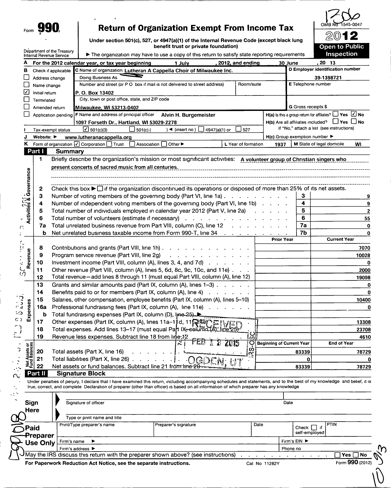 Image of first page of 2012 Form 990 for Lutheran A Cappella Choir of Milwaukee LLC