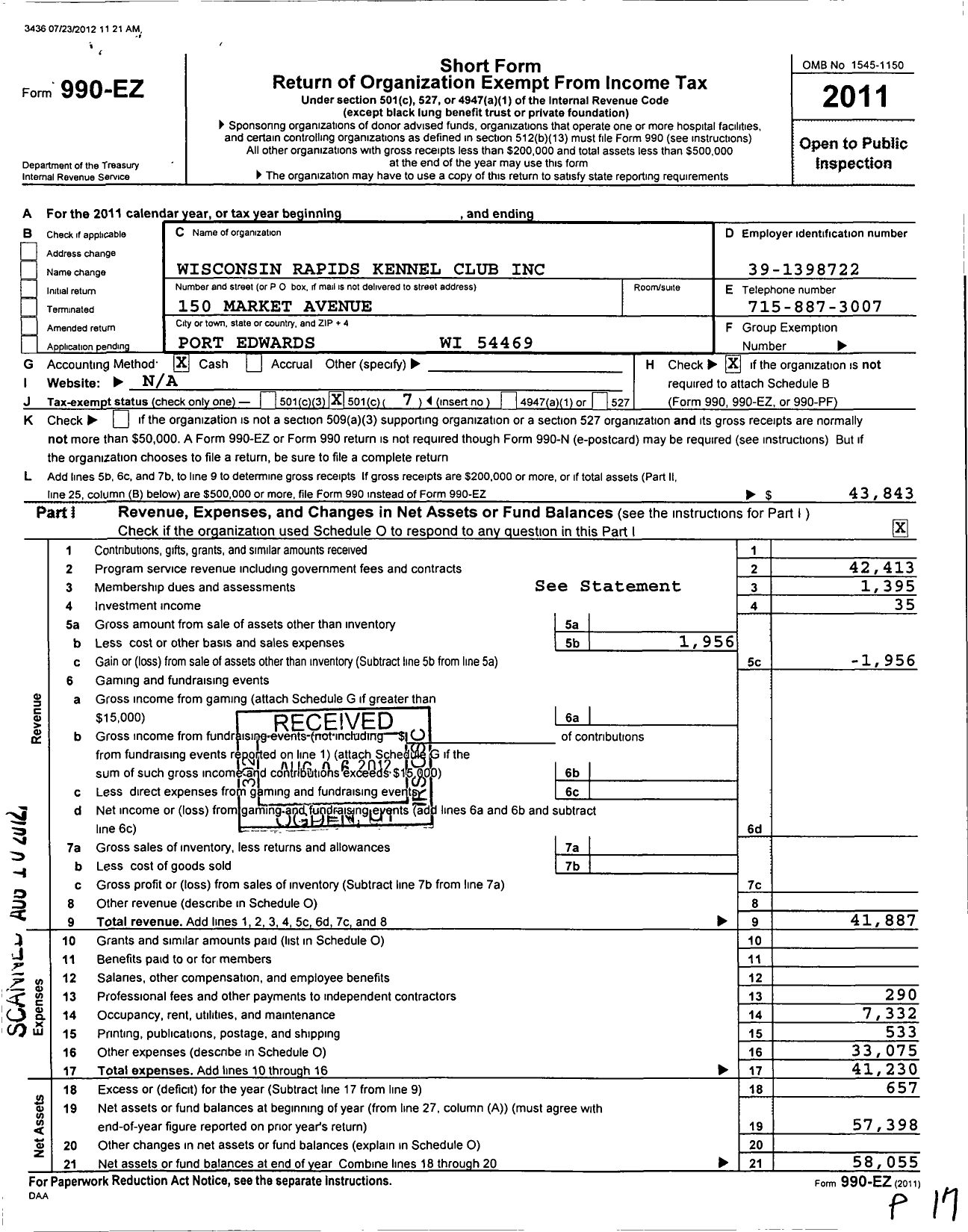 Image of first page of 2011 Form 990EO for Wisconsin Rapids Kennel Club