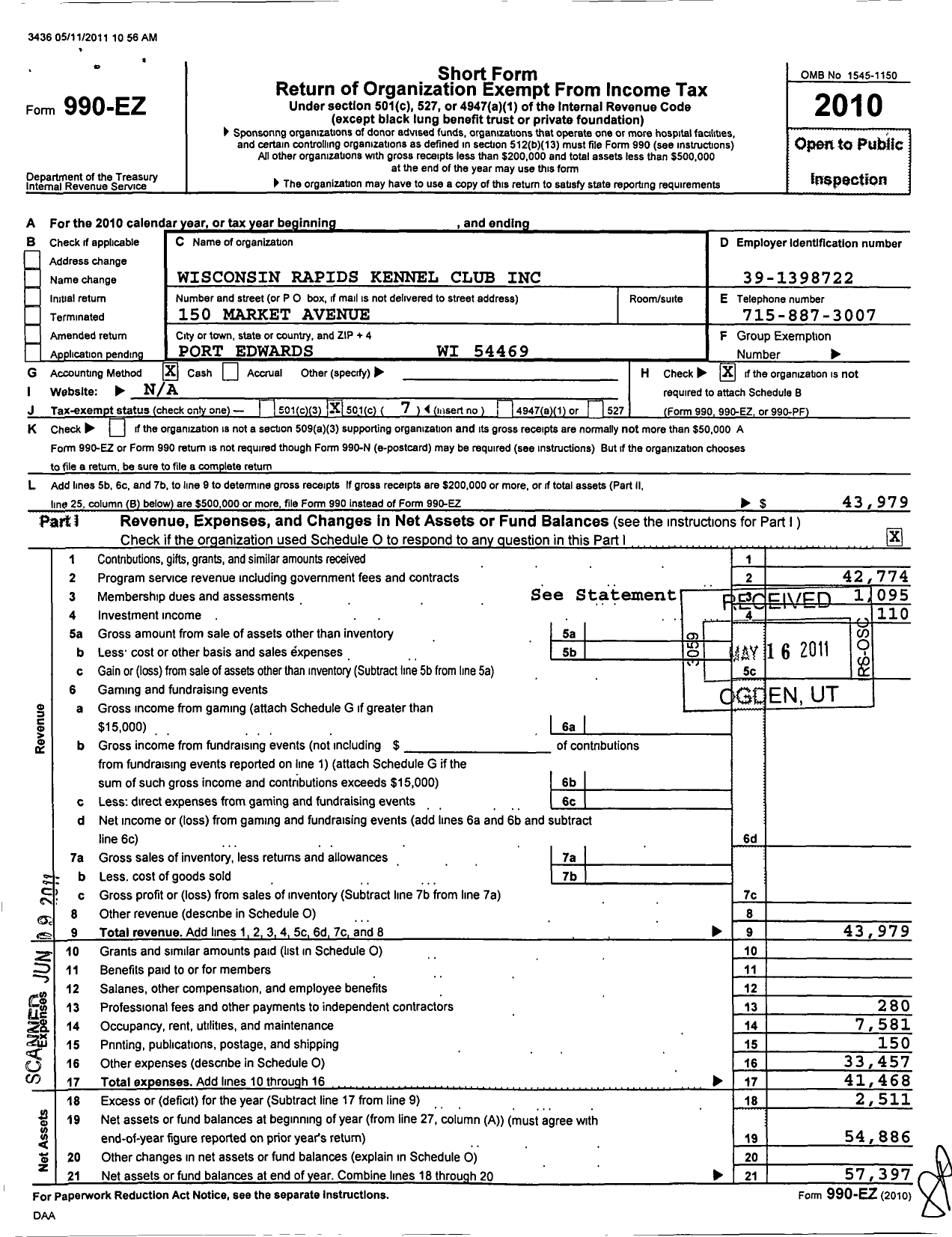 Image of first page of 2010 Form 990EO for Wisconsin Rapids Kennel Club