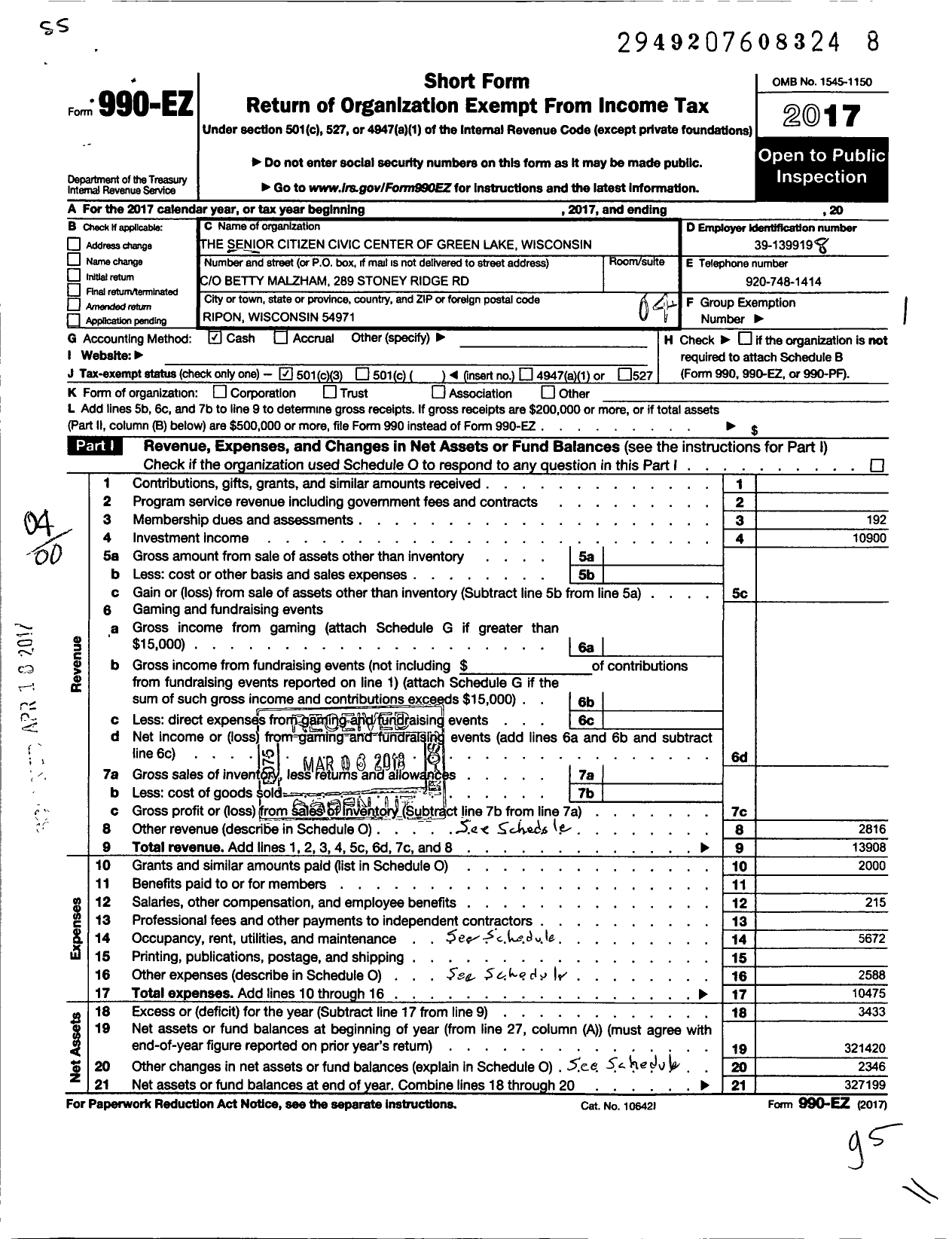 Image of first page of 2017 Form 990EO for The Senior Citizen Civic Center of Green Lake