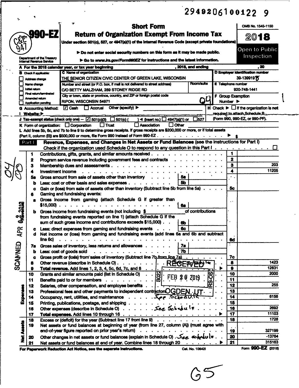 Image of first page of 2018 Form 990EO for The Senior Citizen Civic Center of Green Lake