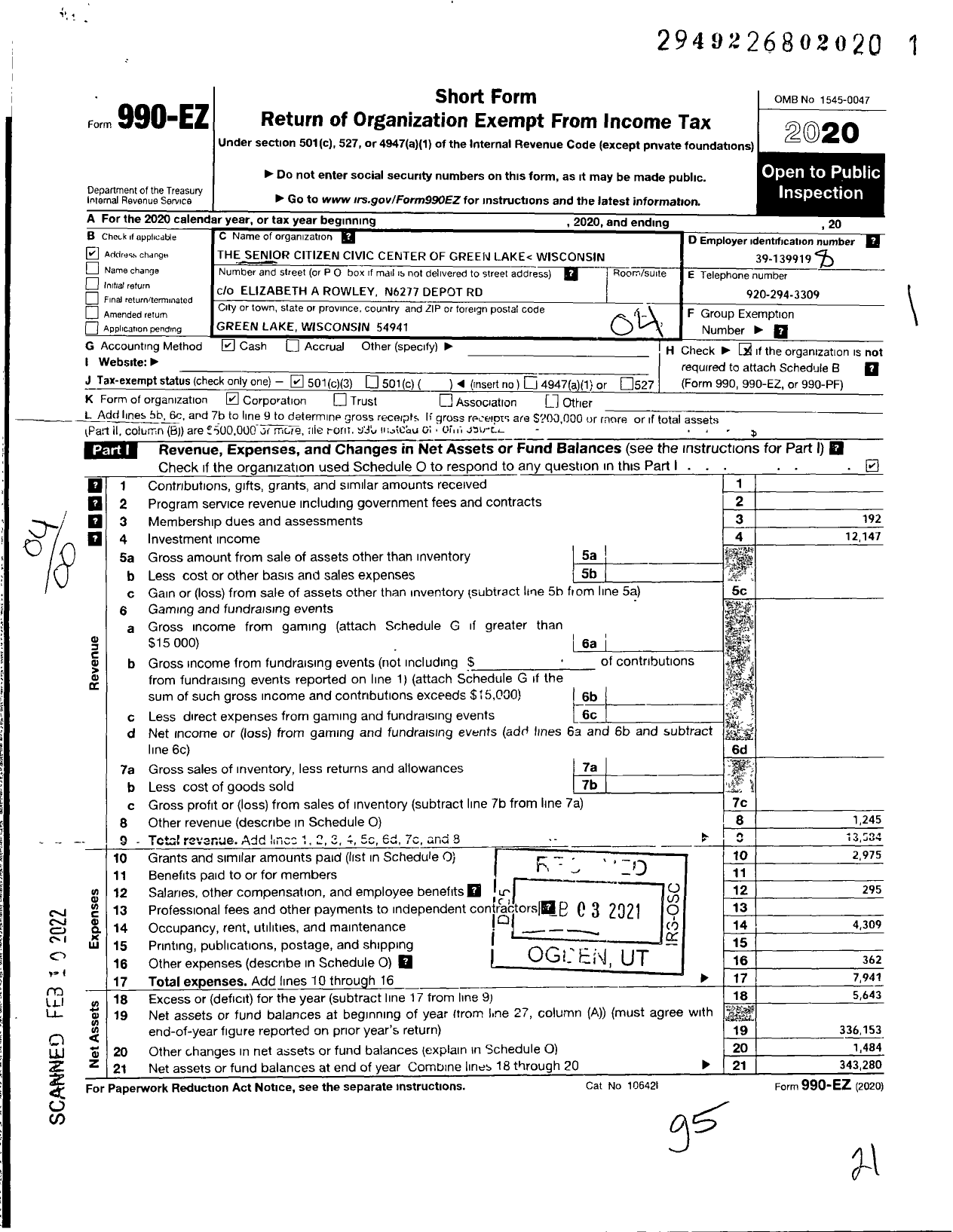 Image of first page of 2020 Form 990EO for The Senior Citizen Civic Center of Green Lake