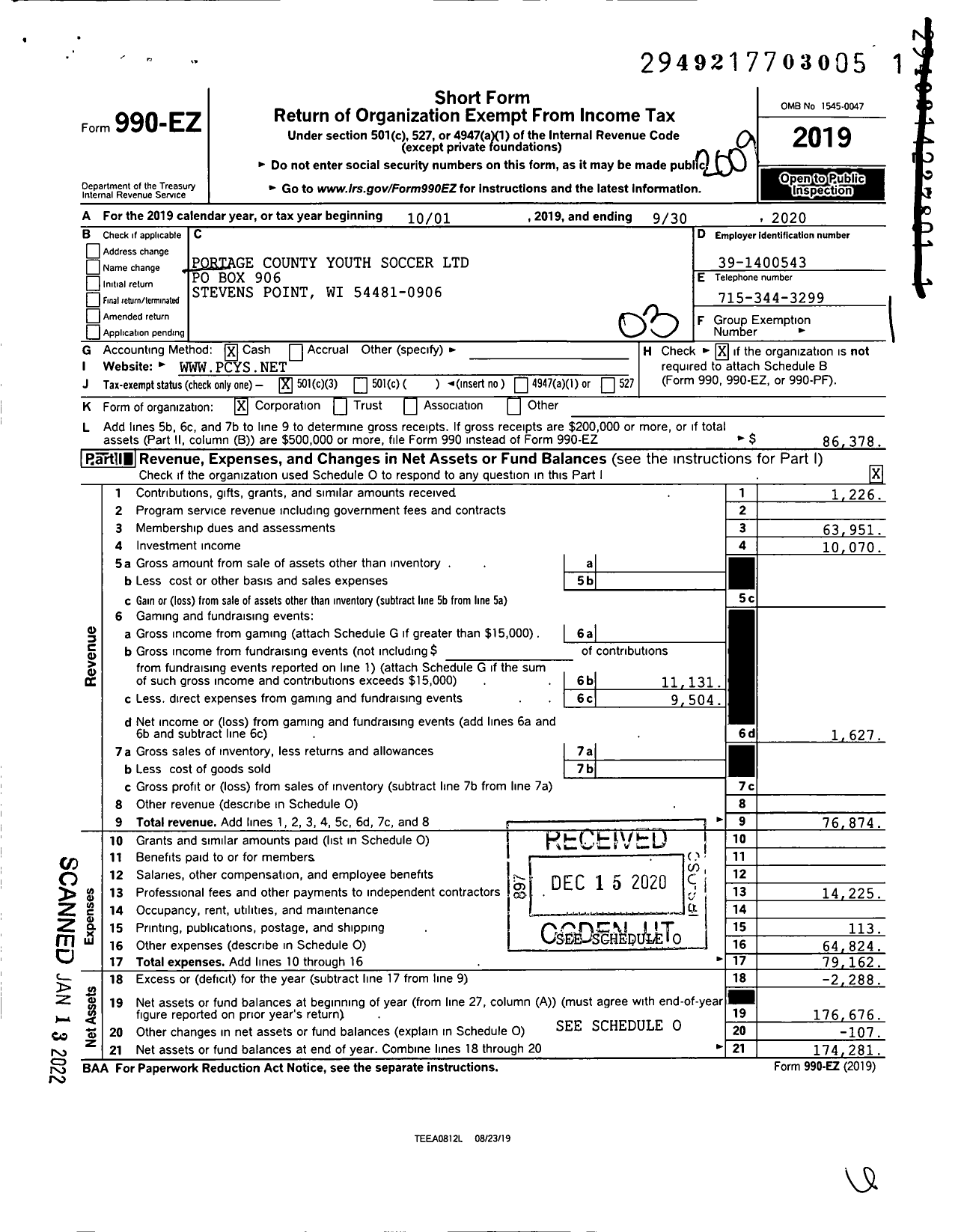 Image of first page of 2019 Form 990EZ for Portage County Youth Soccer