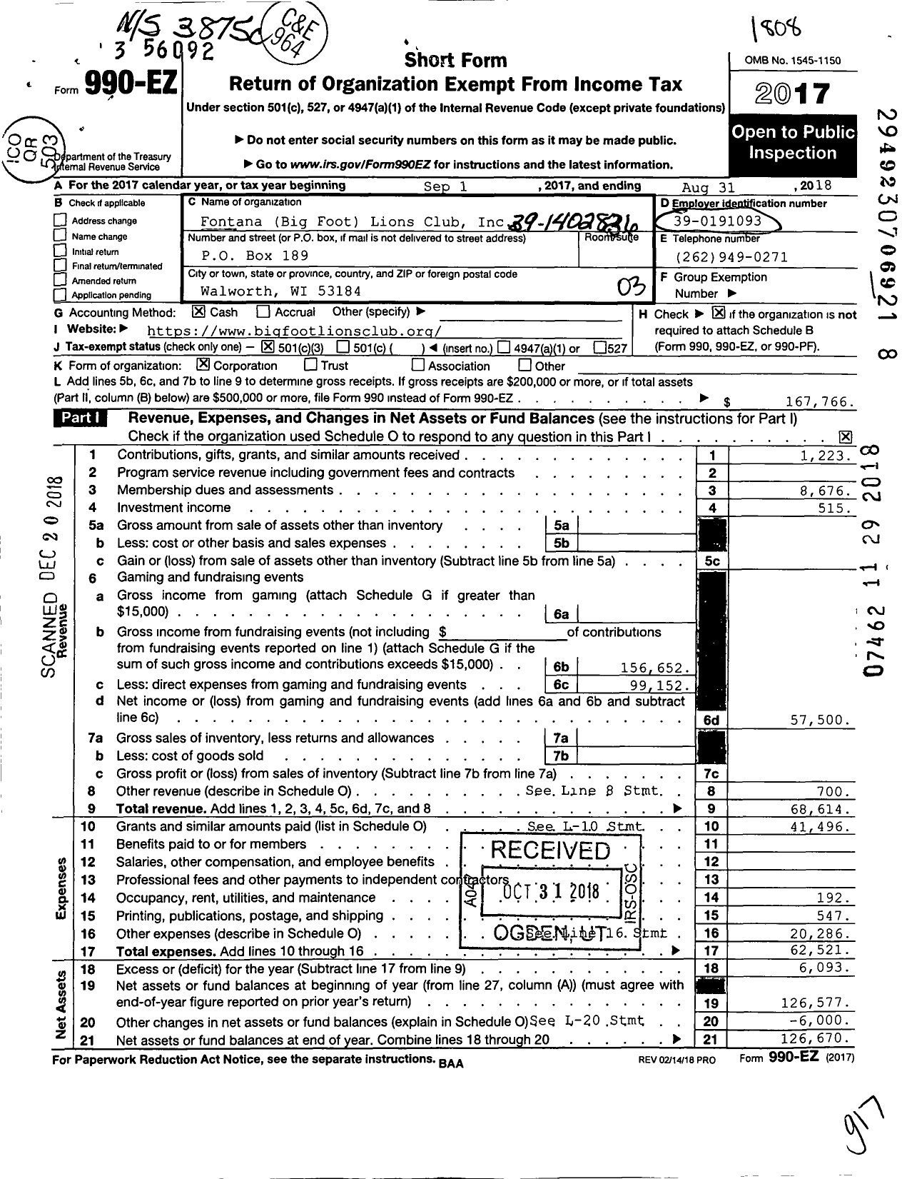 Image of first page of 2017 Form 990EZ for Fontana