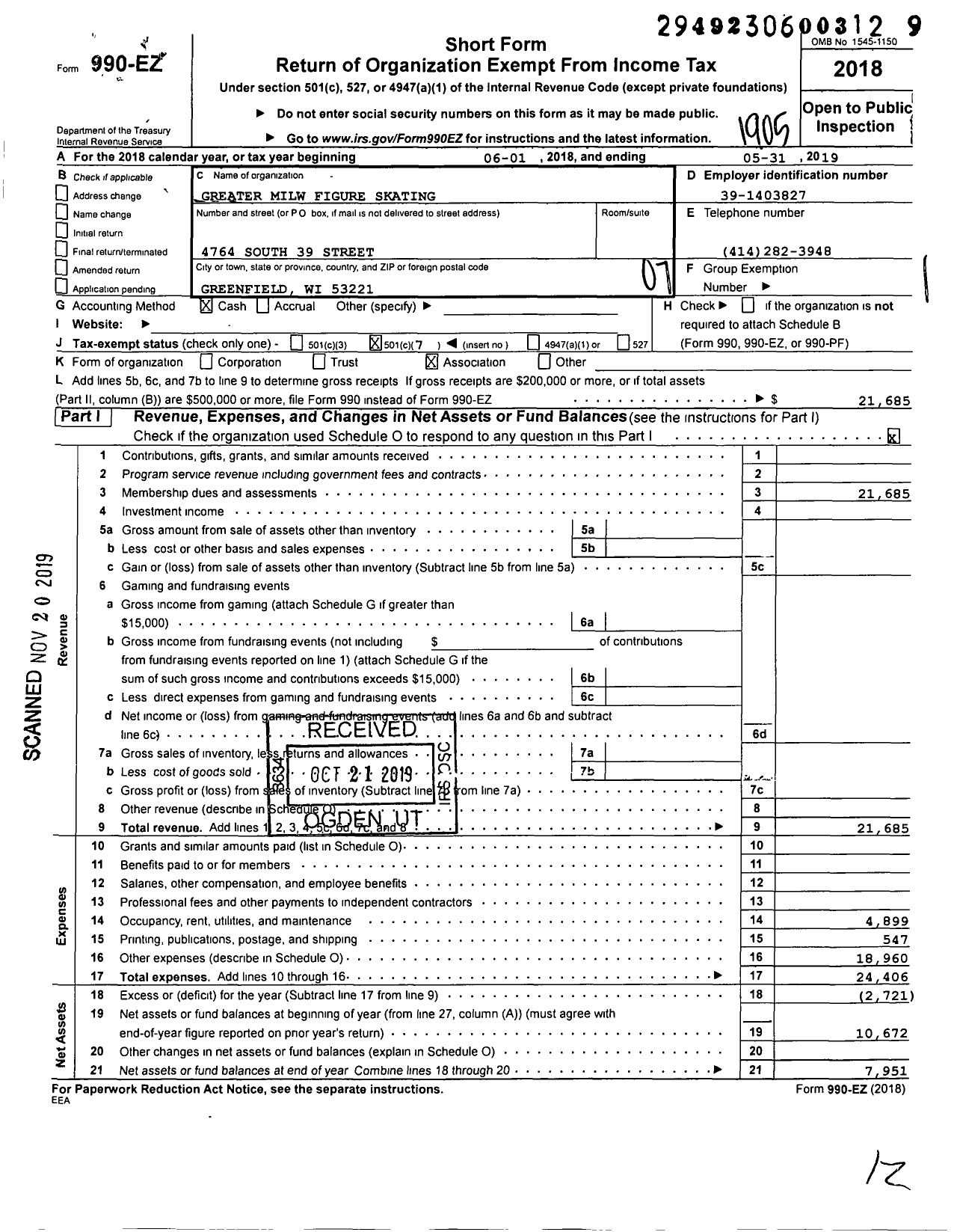 Image of first page of 2018 Form 990EO for Greater Milw Figure Skating