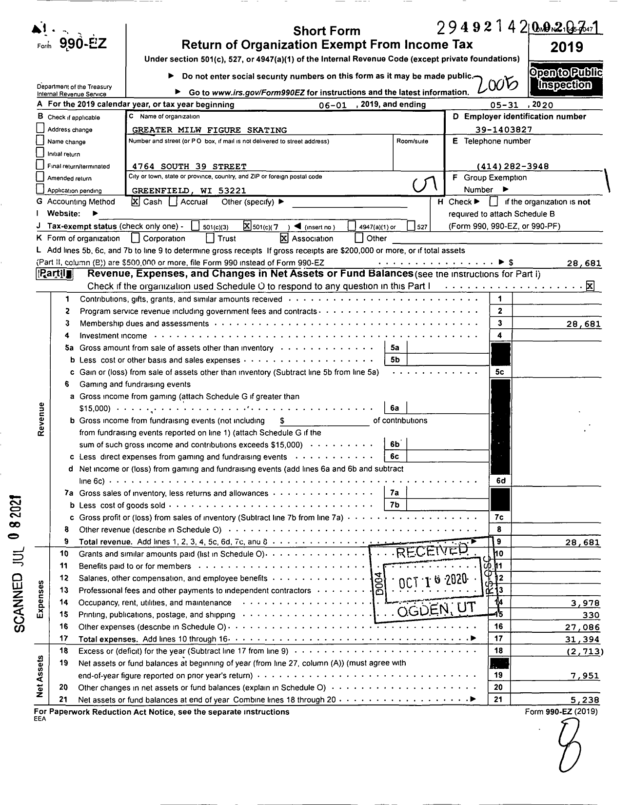 Image of first page of 2019 Form 990EO for Greater Milw Figure Skating