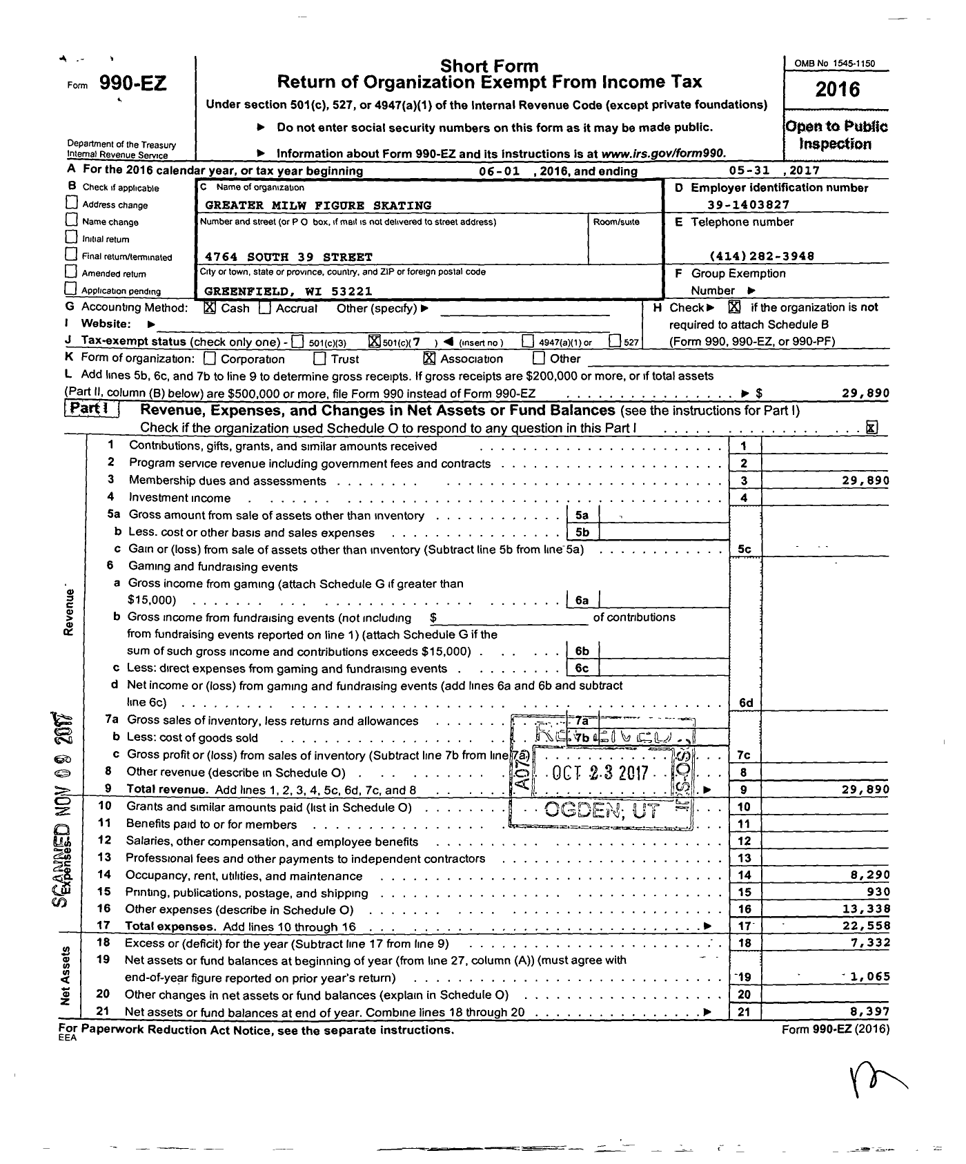 Image of first page of 2016 Form 990EO for Greater Milw Figure Skating