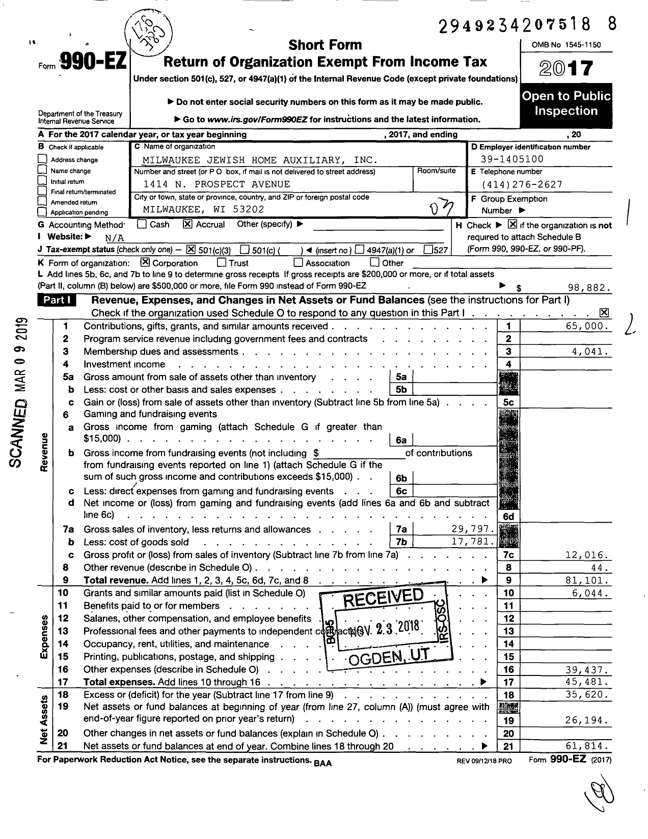 Image of first page of 2017 Form 990EZ for Milwaukee Jewish Home Auxiliary