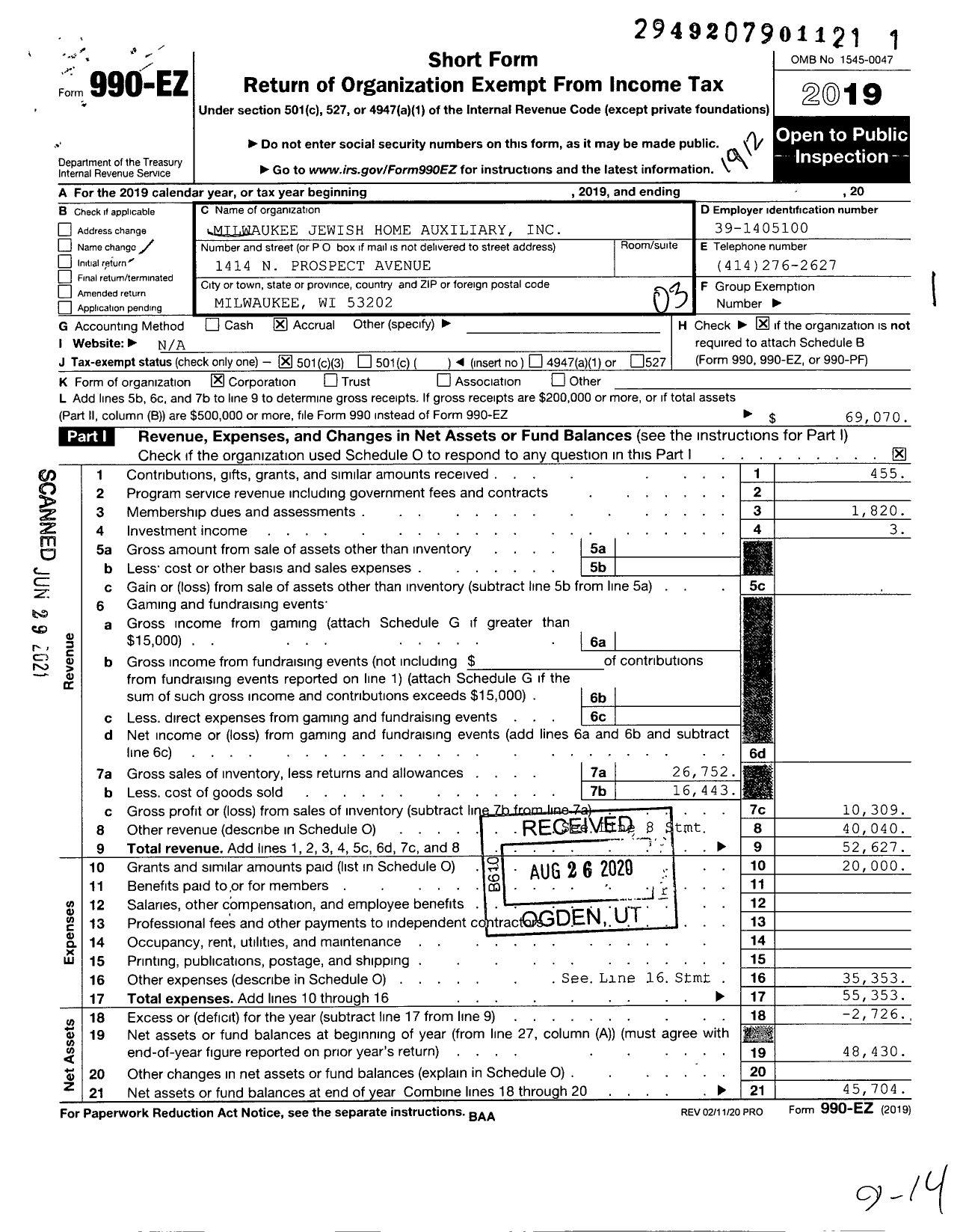 Image of first page of 2019 Form 990EZ for Milwaukee Jewish Home Auxiliary