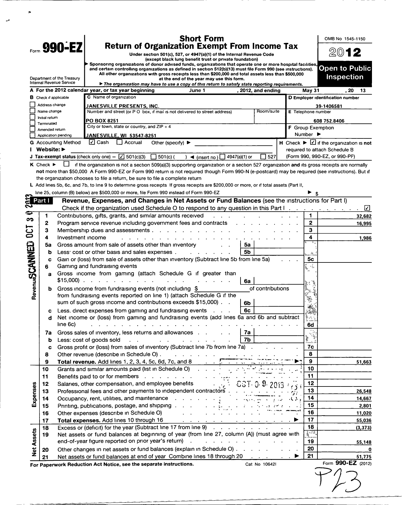 Image of first page of 2012 Form 990EZ for Janesville Presents